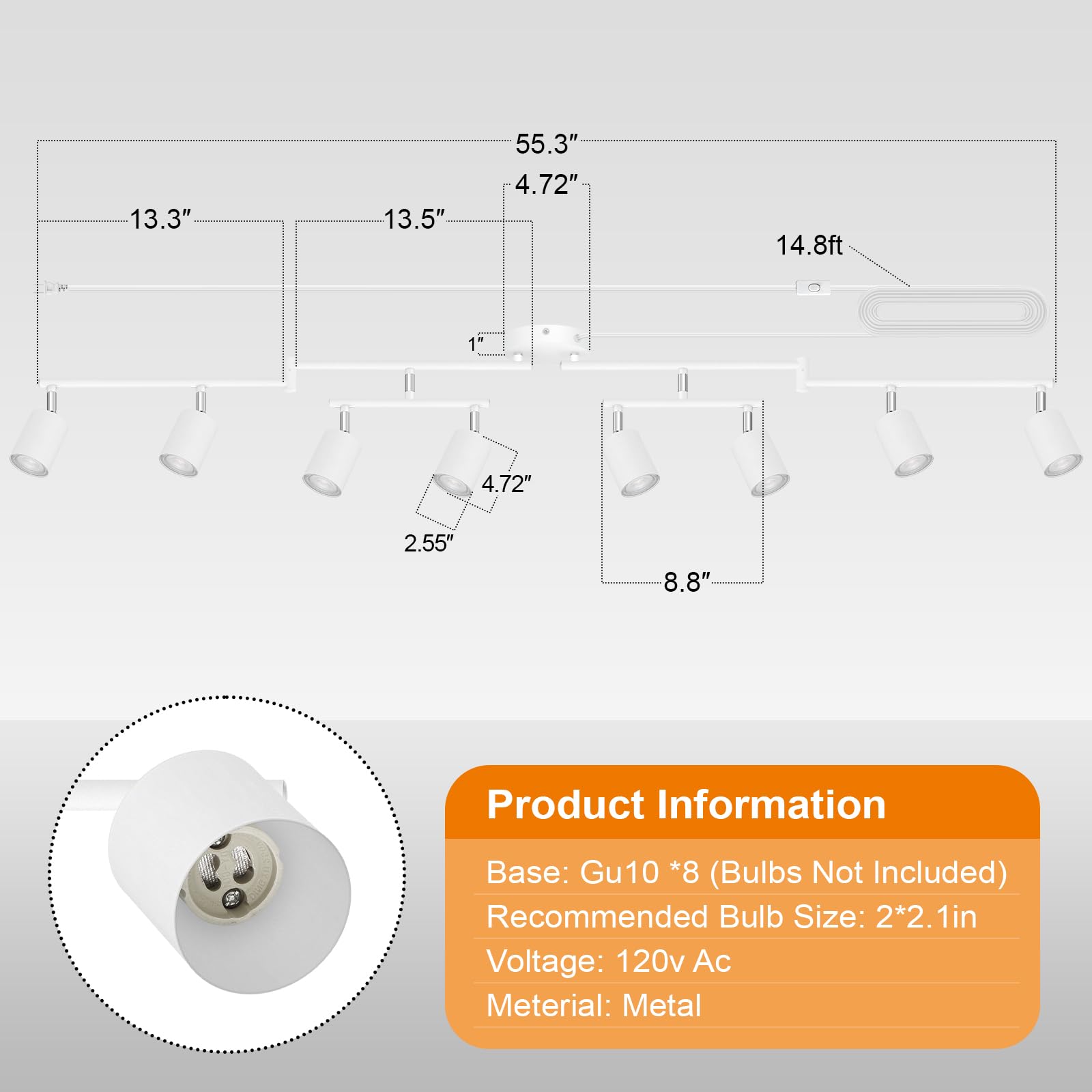 Bricosmocon Plug-in Track Lighting Fixture, 8-Light LED Metal Ceiling Spotlight, White, C0684, 14.8ft Power Cord