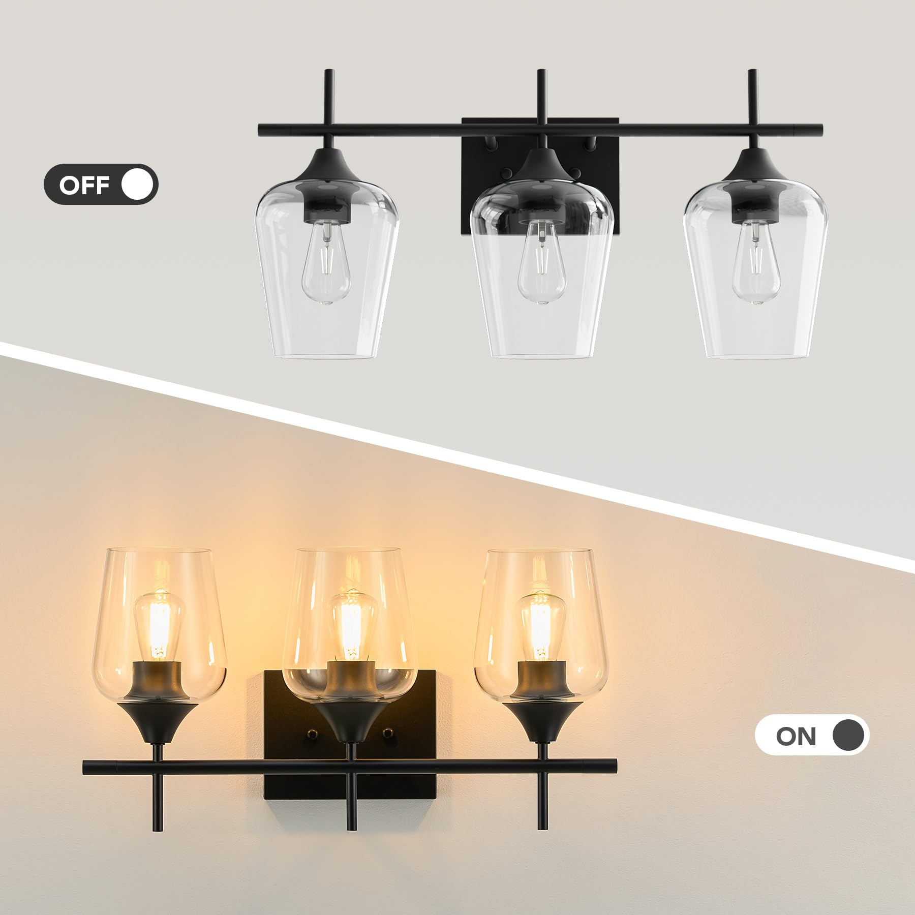 VONLUCE Bathroom Vanity Light Fixture, 3-Light Modern Wall Sconce, Clear Glass, Matte Black, Model HCF2802280300COZ