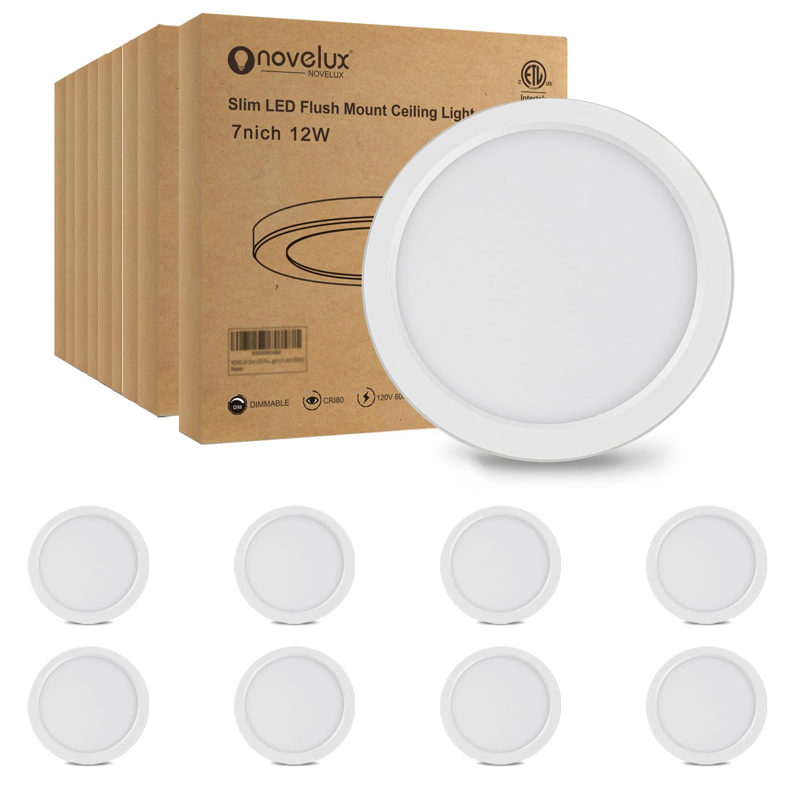 NOVELUX 7 inch LED Ceiling Lights Fixture 5000K Daylight Ultra Slim 0.63'' Thick Flush Mount Ceiling Light Dimmable Round Flat C