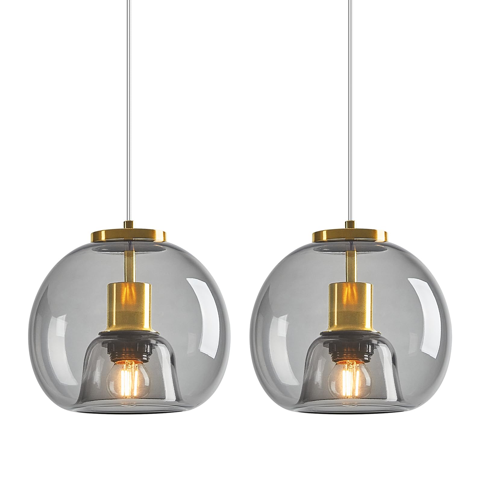 Lbsqj Light Grey Glass Pendant Lights Kitchen Island Gold Hanging Light Fixture Glass Globe Pendant Light Modern Pendant Lighting For Kitchen Island Bedroom Dining Room (7.87  2 Pack)