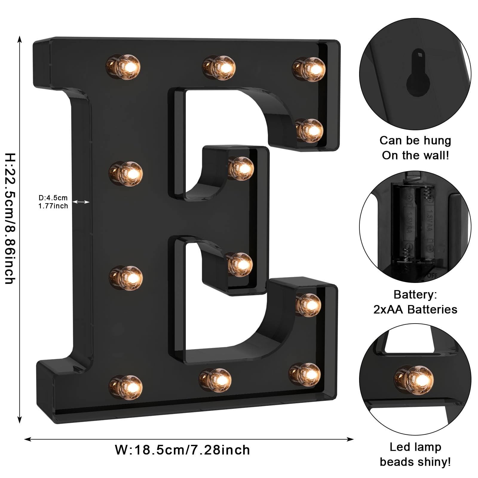 Foaky Black LED Letter Lights - Battery Operated Alphabet Lights for Room Decor, Size E, Model Black-25