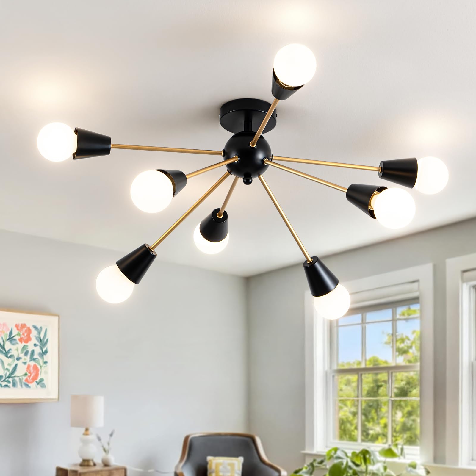 Ymlii Modern Sputnik Chandelier - 8-Lights Farmhouse Ceiling Lights Fixture Black And Gold Semi Flush Mount Ceiling Light For Li