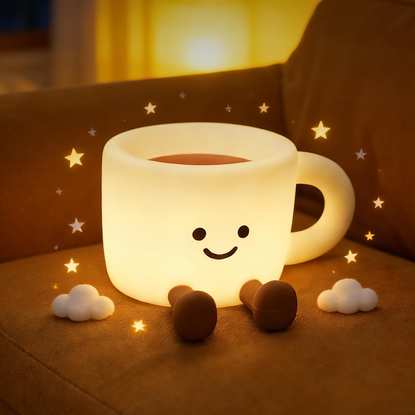 Gemmac Coffee Cup Night Light, 3 Level Dimmable 30 Timer 7 Colors Nightlight Cute Lamps Silicone Squishy Light USB Rechargeable 