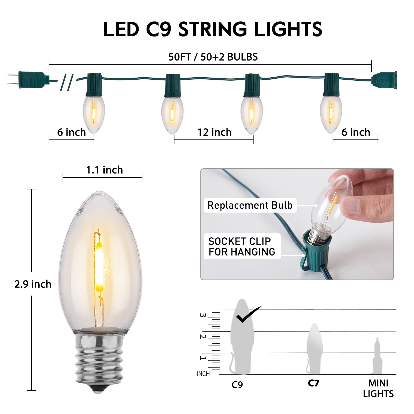 Minetom C9 LED Christmas String Lights, 50 FT Warm White, Plastic, Outdoor/Indoor, Model GYPI-O50LAU, Green Wire