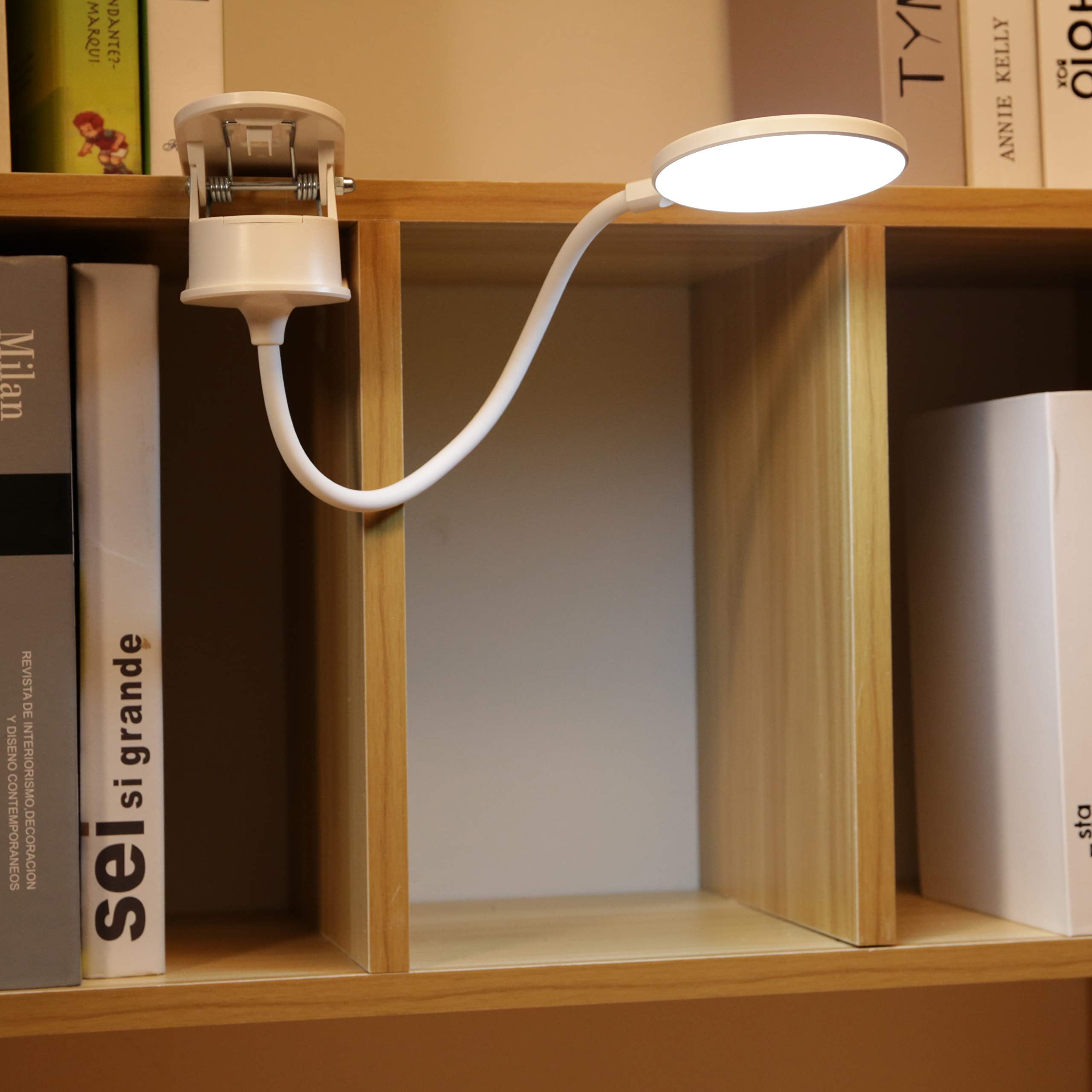Miady Clip on Battery Powered Reading Lamp, USB Rechargeable, 3 Brightness Levels, White, 1 Pack, Model 8541999442