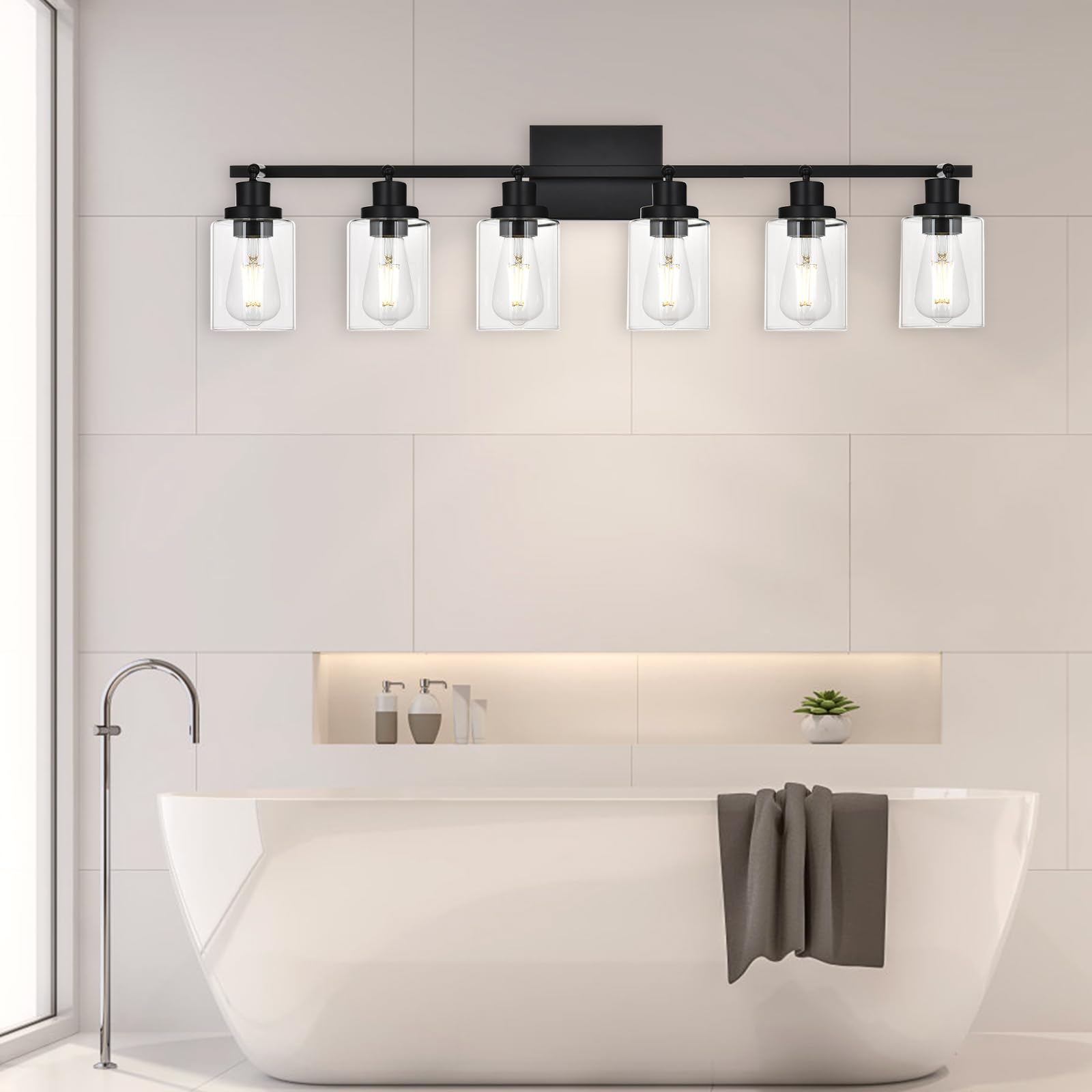Wanluce 6-Light Black Track Lighting Kit, Rotatable Spotlight with Clear Glass Shade, Model 16450SP-6BL for Kitchen and Bathroom