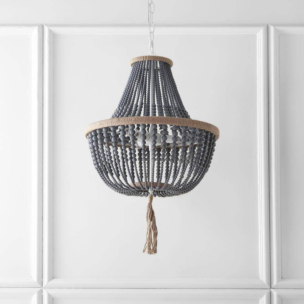 Safavieh Pendant Light Fixture, 3-Light Adjustable, Beaded with Tassel, 17 Inch, Gray, Acrylic, Model LIT4477C