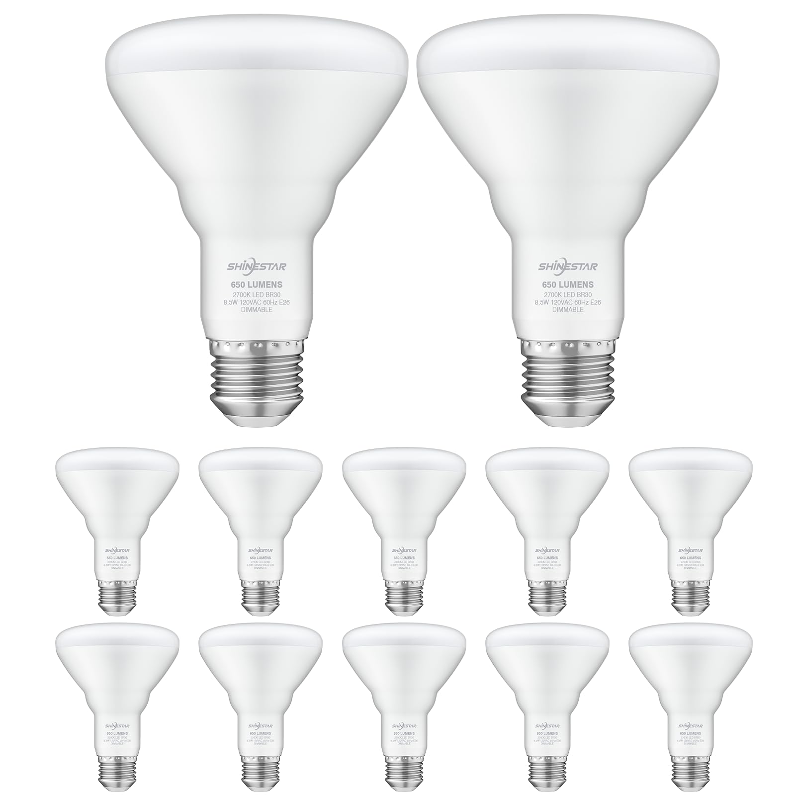 Shinestar 12-Pack Br30 Led Bulb 65W Equivalent, Recessed Light Bulbs, 2700K Warm White, Dimmable, 650Lm, E26 Base