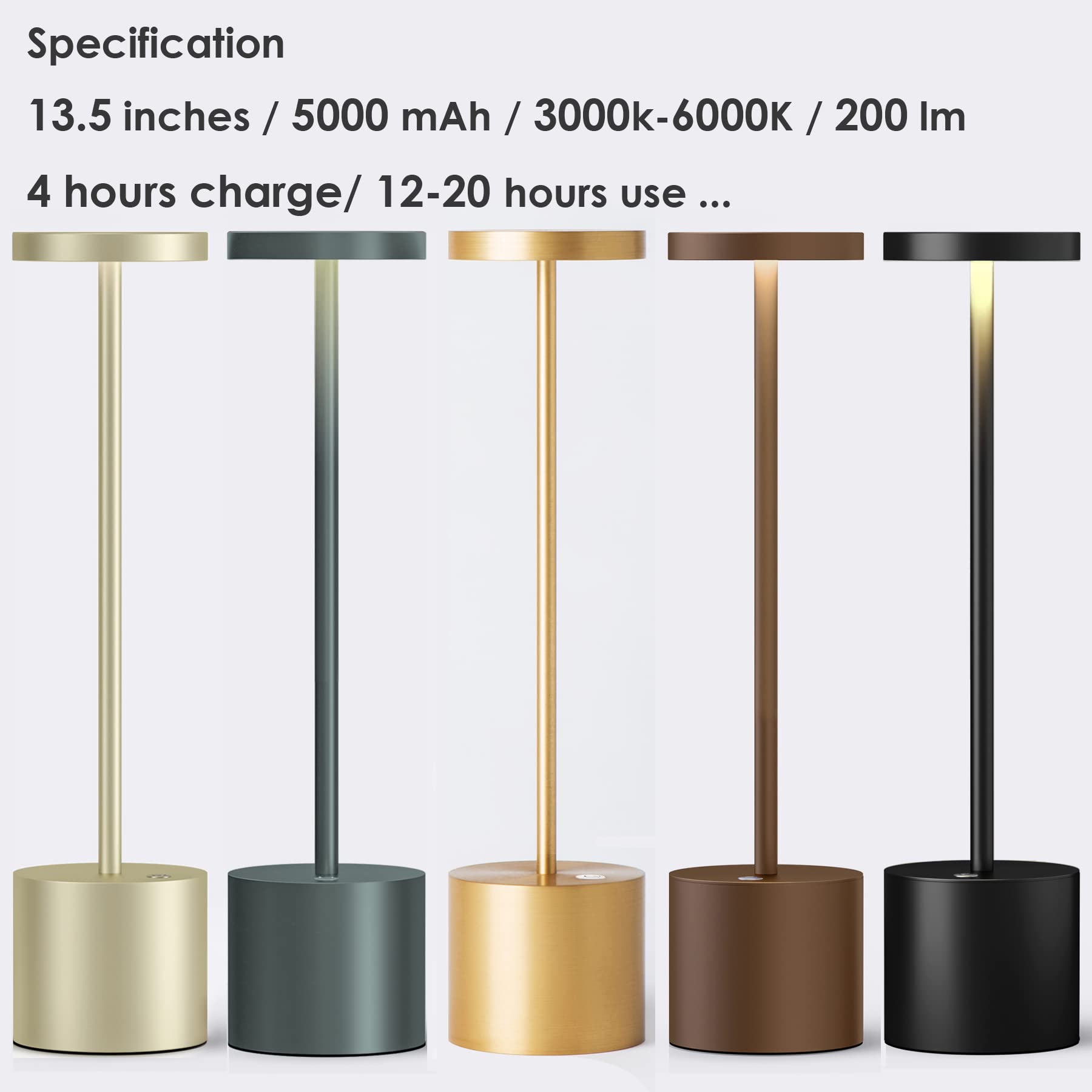 Jalvde Cordless Rechargeable Battery Operated Dining Table Lamp 6000 Mah Led Desk Lamps 13.5 Inches 3-Level Light Color Adjustab
