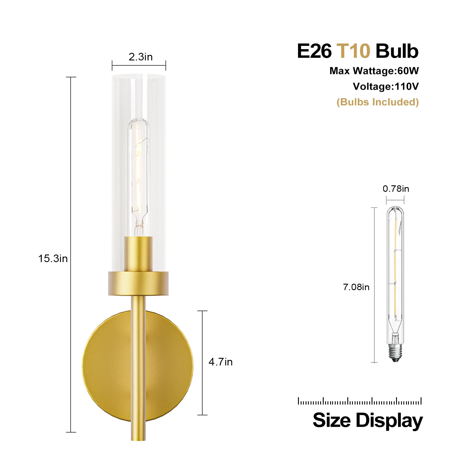 E.P. Light Wall Sconces Set of 2 Hardwired Gold Metal with Clear Glass Shade, Model EP0109
