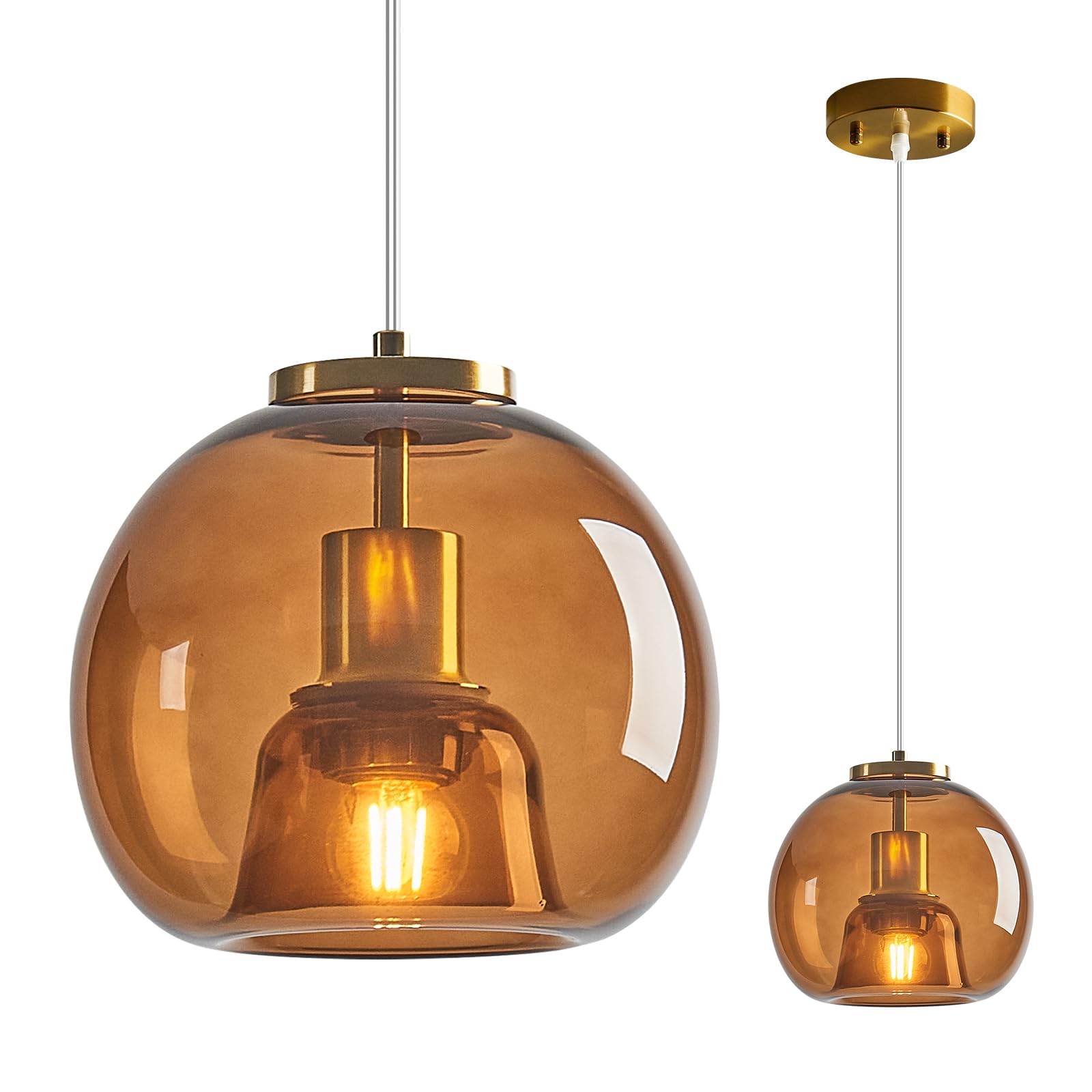 Lbsqj Brown Glass Pendant Lights Kitchen Island Gold Hanging Light Fixture Glass Globe Pendant Light Modern Pendant Lighting For Kitchen Island Bedroom Dining Room (7.87  1 Pack)