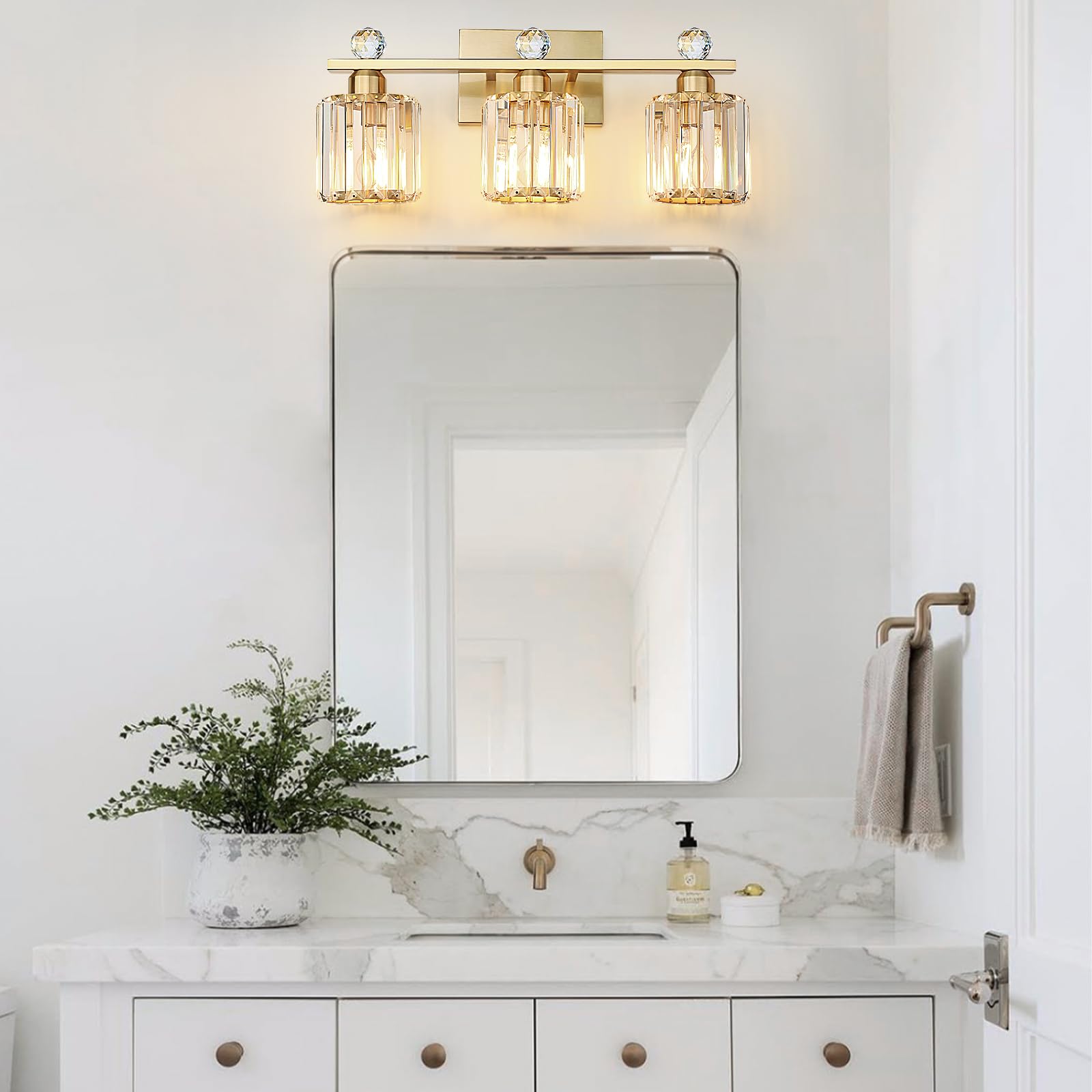 KunruiTAI 3-Light Gold Bathroom Vanity Light Fixture, K9 Crystal & Stainless Steel Wall Sconce for Mirror, Modern Design