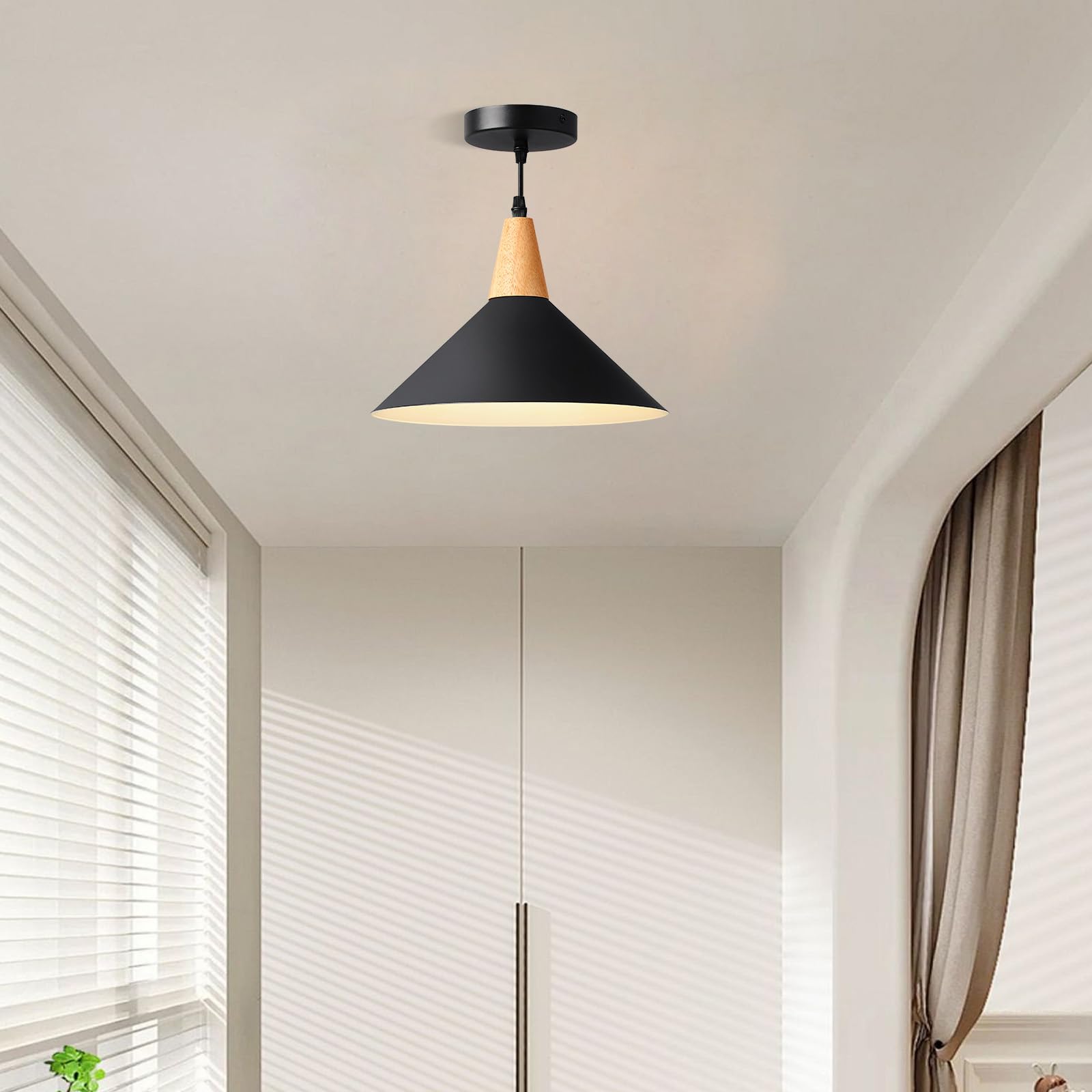 Modern Black Pendant Light Fixtures, 11.8'' Farmhouse Wood Pendant Lighting, Industrial Cone Hanging Lights For Kitchen Island,D
