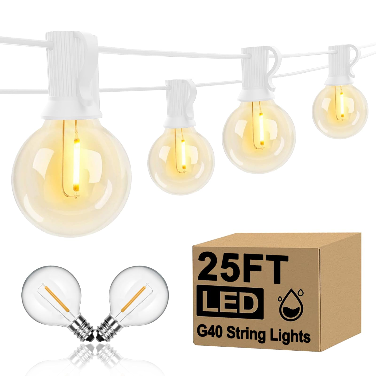 GOOTHY 25Ft G40 LED Outdoor String Lights, Waterproof, Shatterproof Bulbs, White