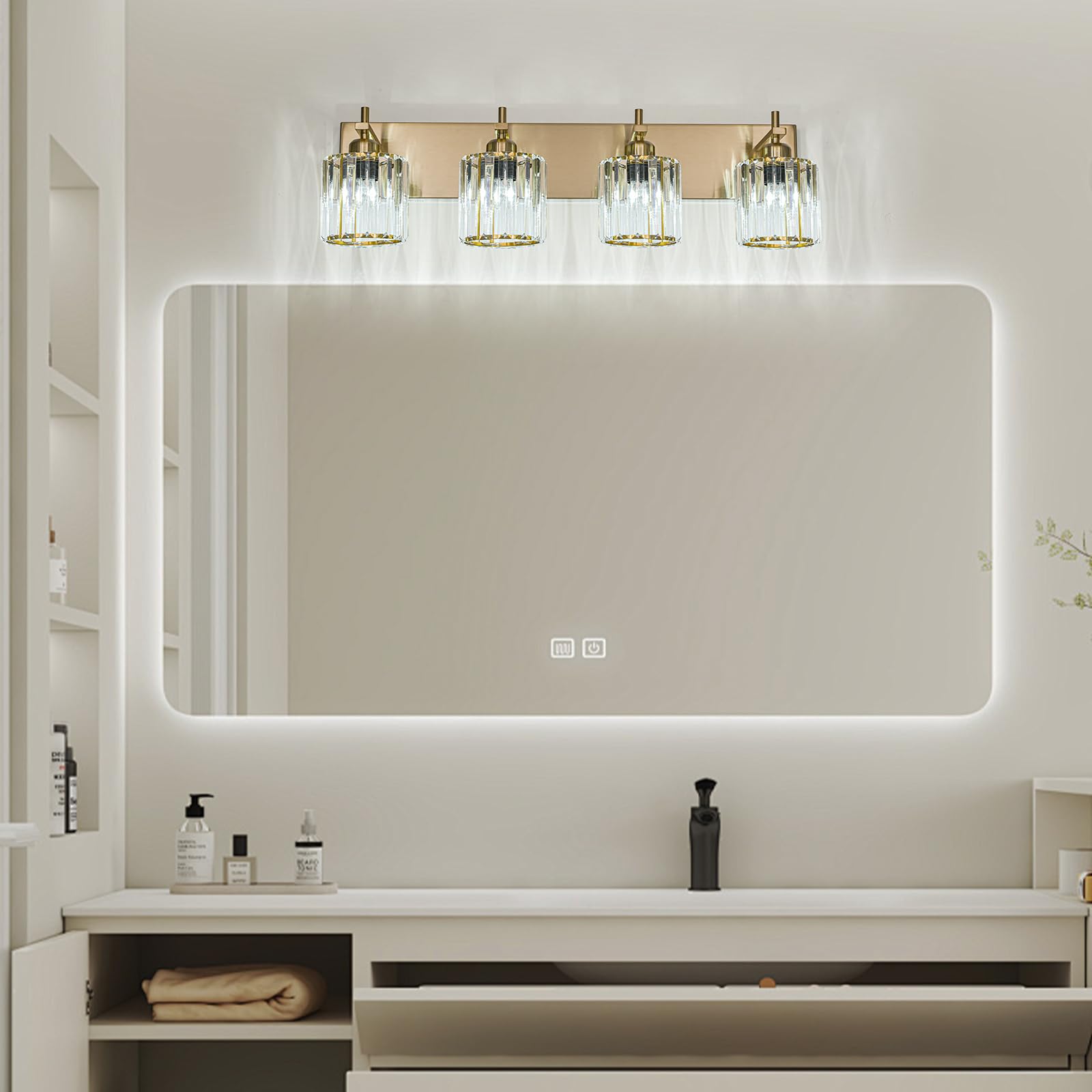 HUOKU Modern Crystal Bathroom Vanity Lights, 4-Light, Gold Finish, Metal and Crystal, Over Mirror Fixtures