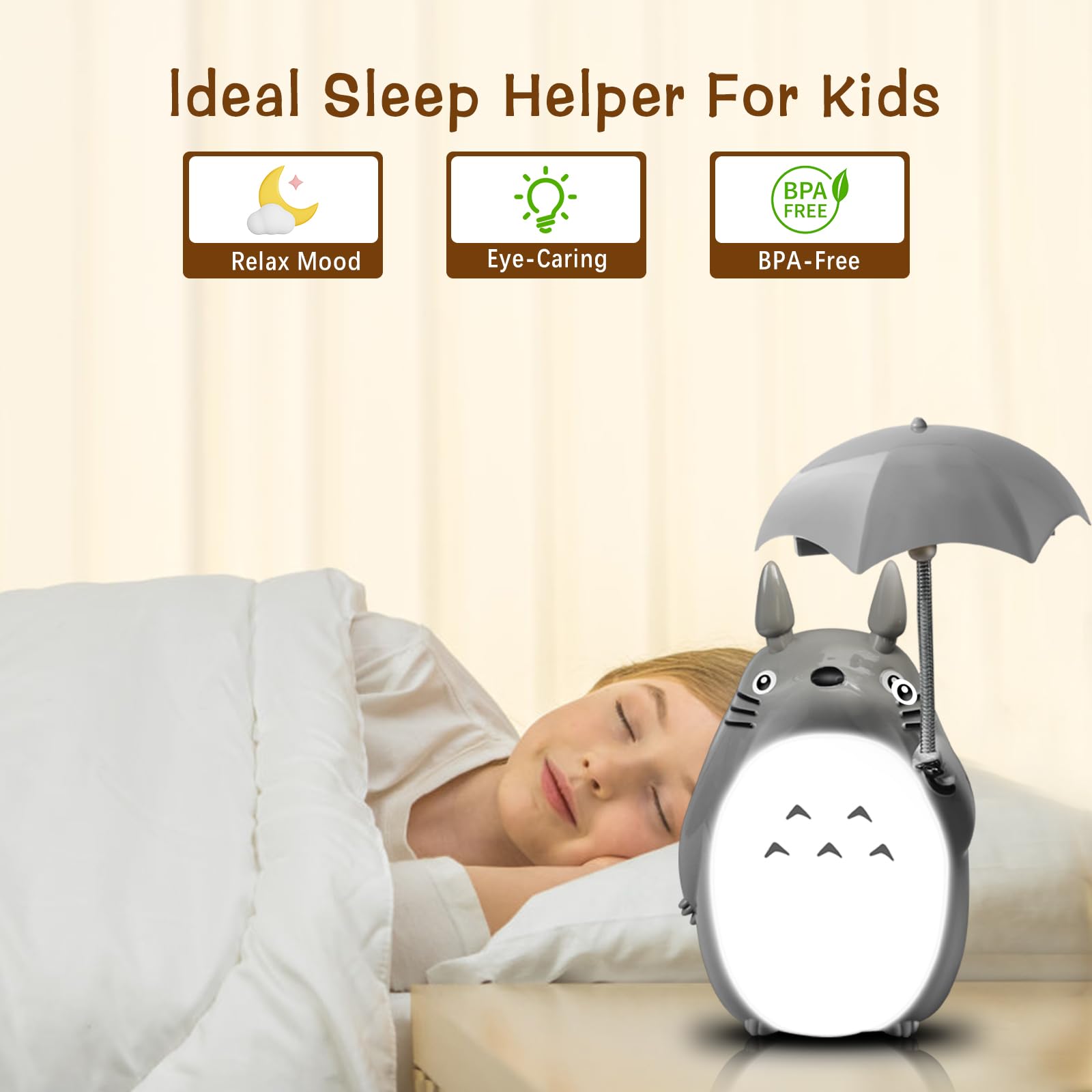 BATVOX Totoro Umbrella LED Night Light Lamp USB Charge - White Belly, Model BT-1014, Bonus Totoro Tumbler for Kids