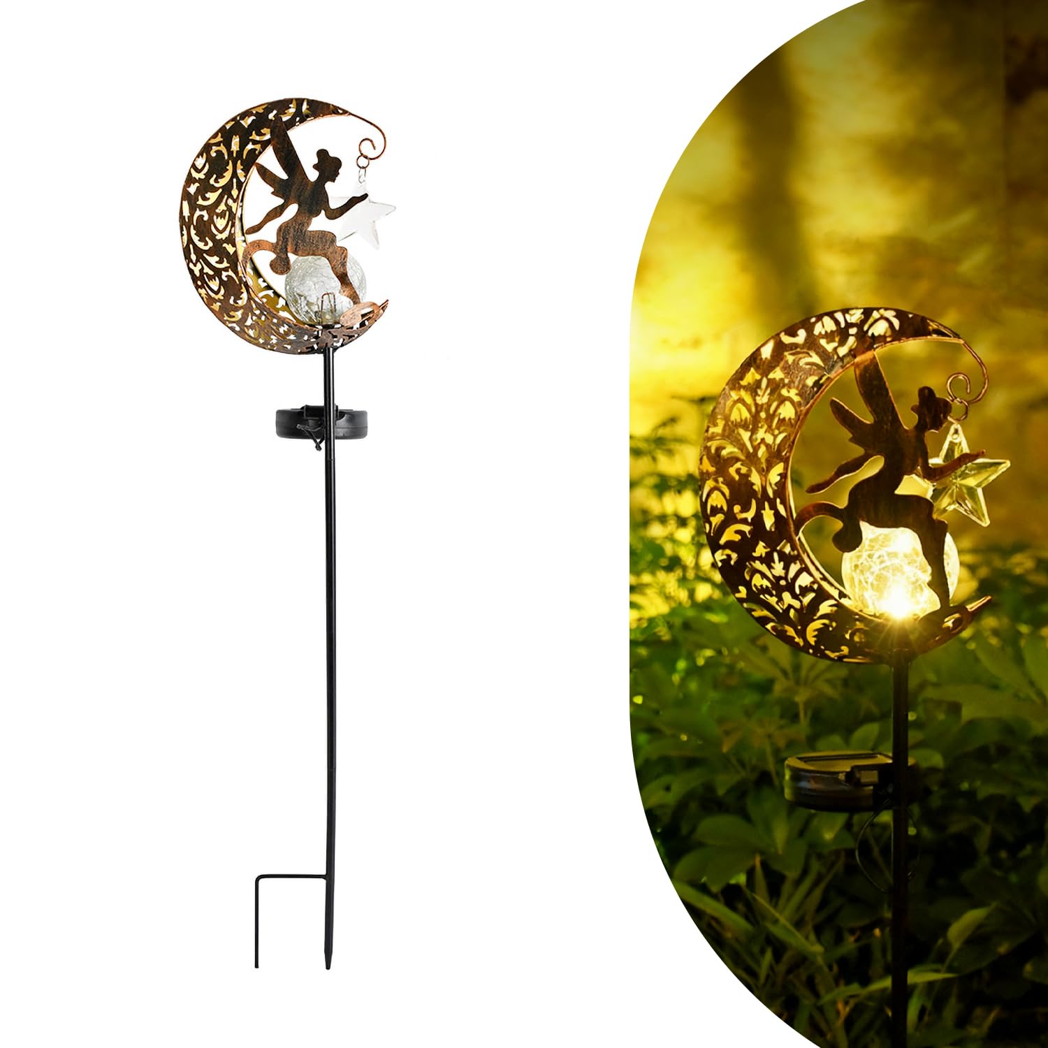 Solar Lights Garden Decorations Outdoor-Moon Fairy Lights with Crackle Glass Globe, Lawn Decorative Lights Waterproof Warm White