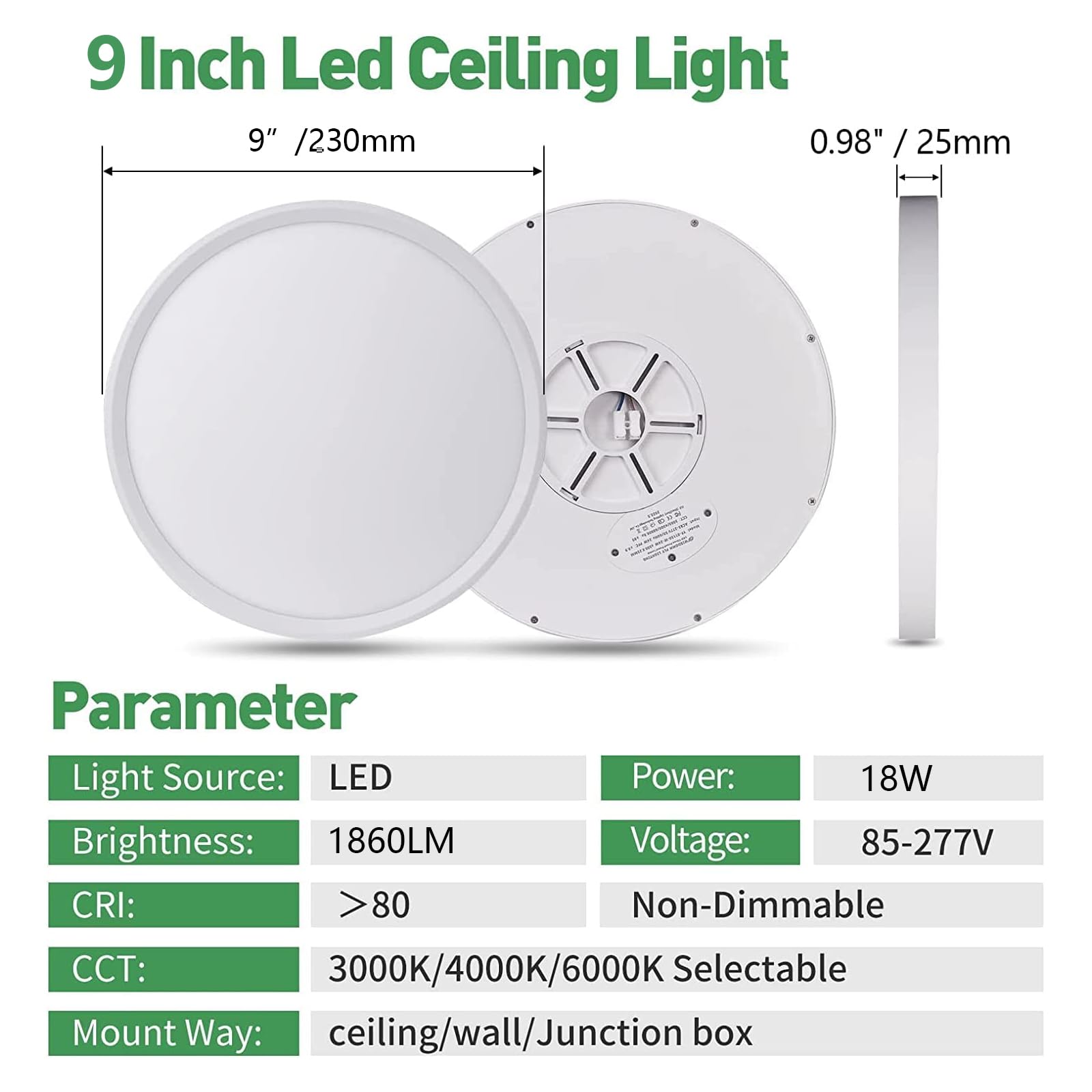 4Pk 9 Inch Led Flush Mount Ceiling Light, 18W, 1860Lm, 3000K/4000K/6000K Cct Selectable, Round Flat Panel Light Low Profile Ceiling Light Fitures For Hallway, Kitchen, Bedroom, Laundry Room
