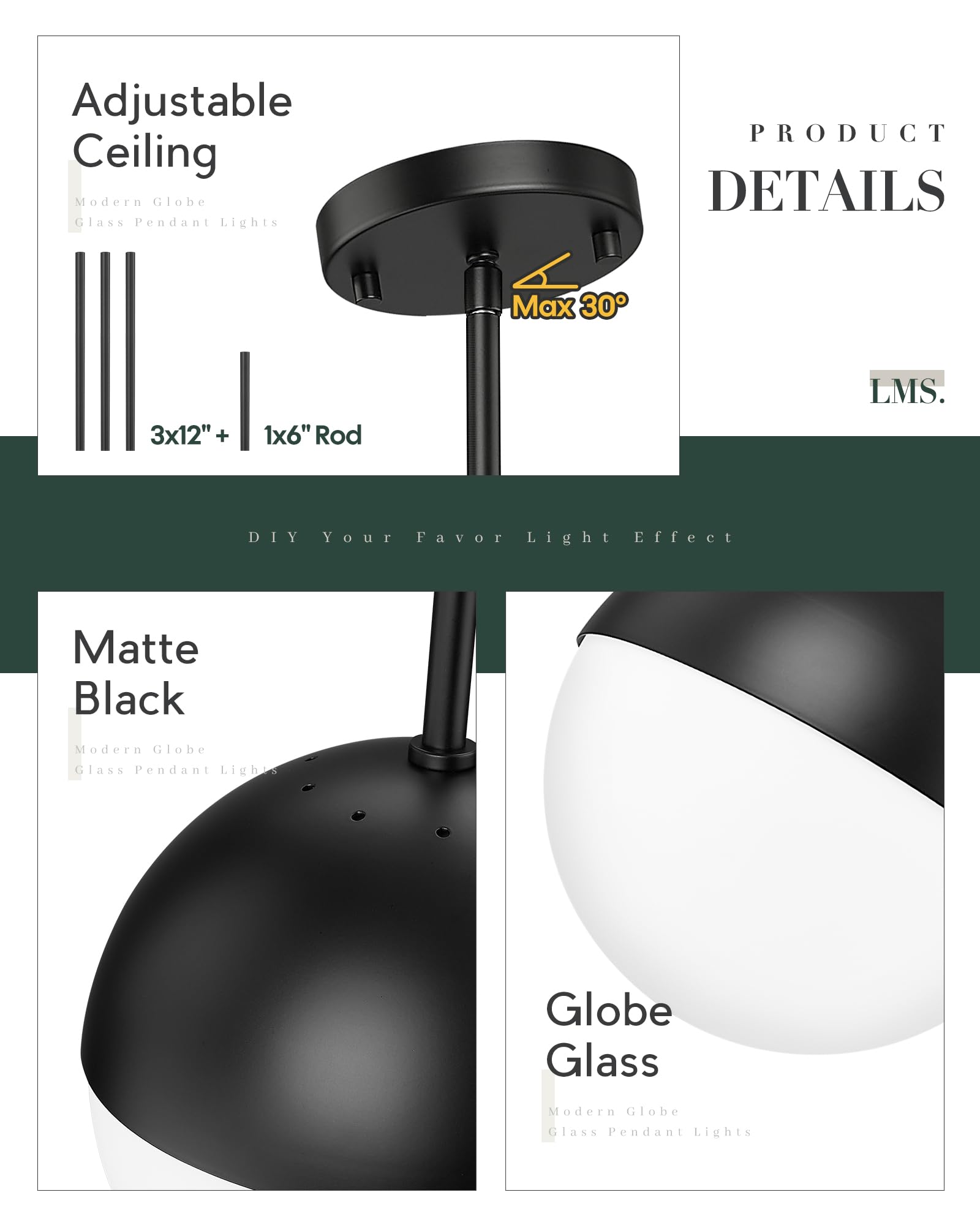 Lms 2 Pack Mid Century Pendant Lights, Matte Black Kitchen Island Light Fixtures With White Globe Glass Shade, Adjustable Hangin