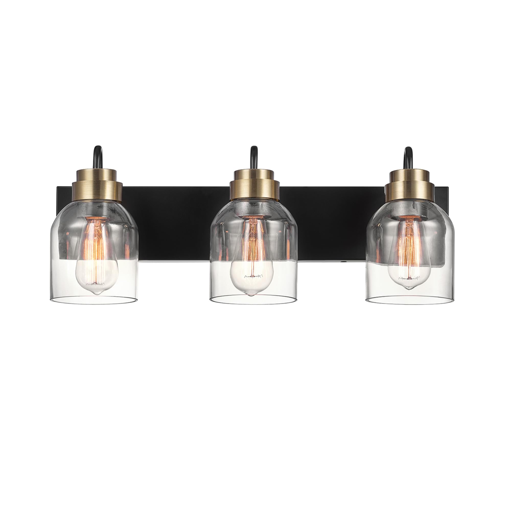 Globe Electric 63000200 22'' 3-Light Vanity Light, Matte Black, Matte Brass Accents, Glass Shades, Beauty Room Accessories, Bath