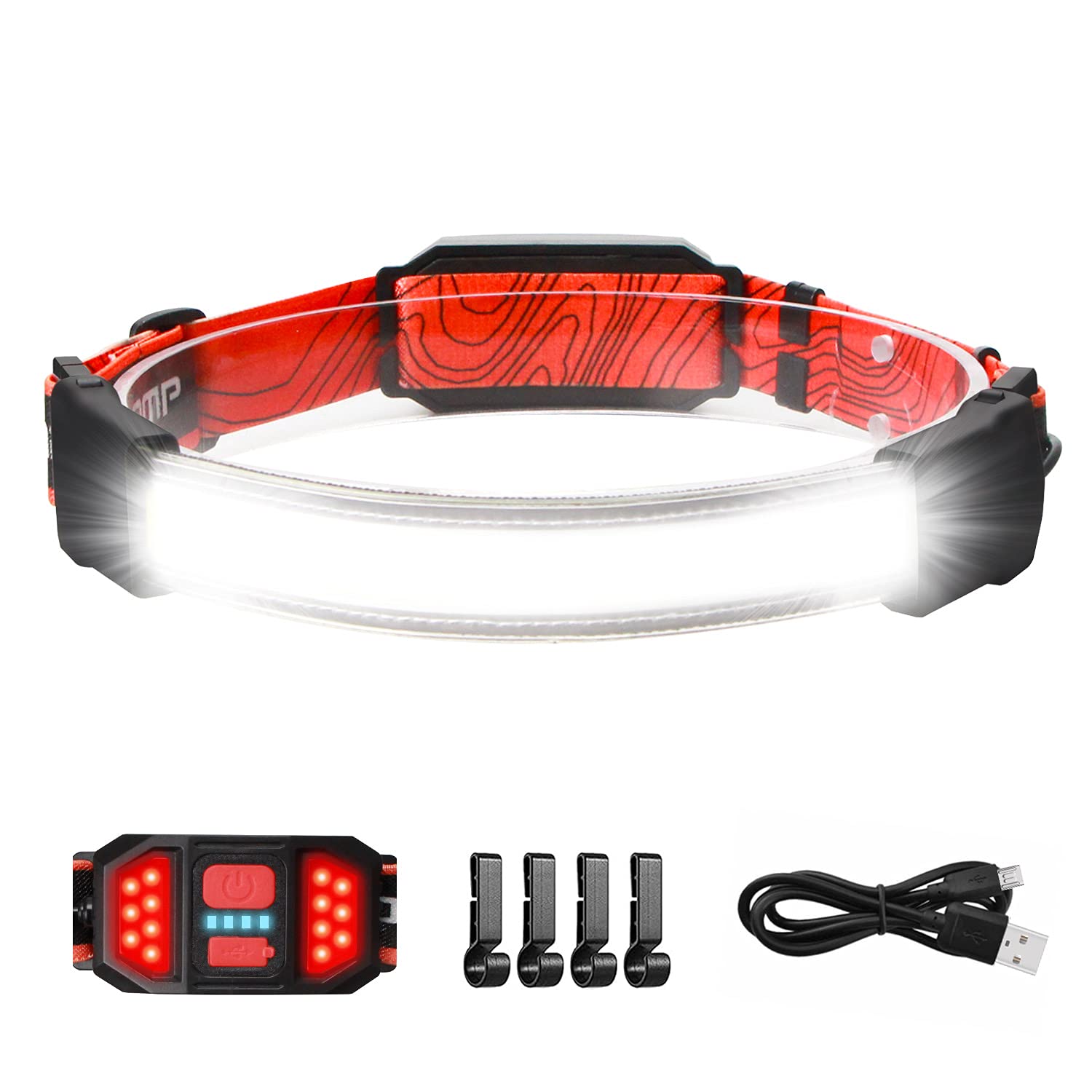 Spriak LED Rechargeable Headlamp, 1000lumens 230 Widebeam Headlight, USB Rechargeable Head Lamp with Red Taillight, Lightweight