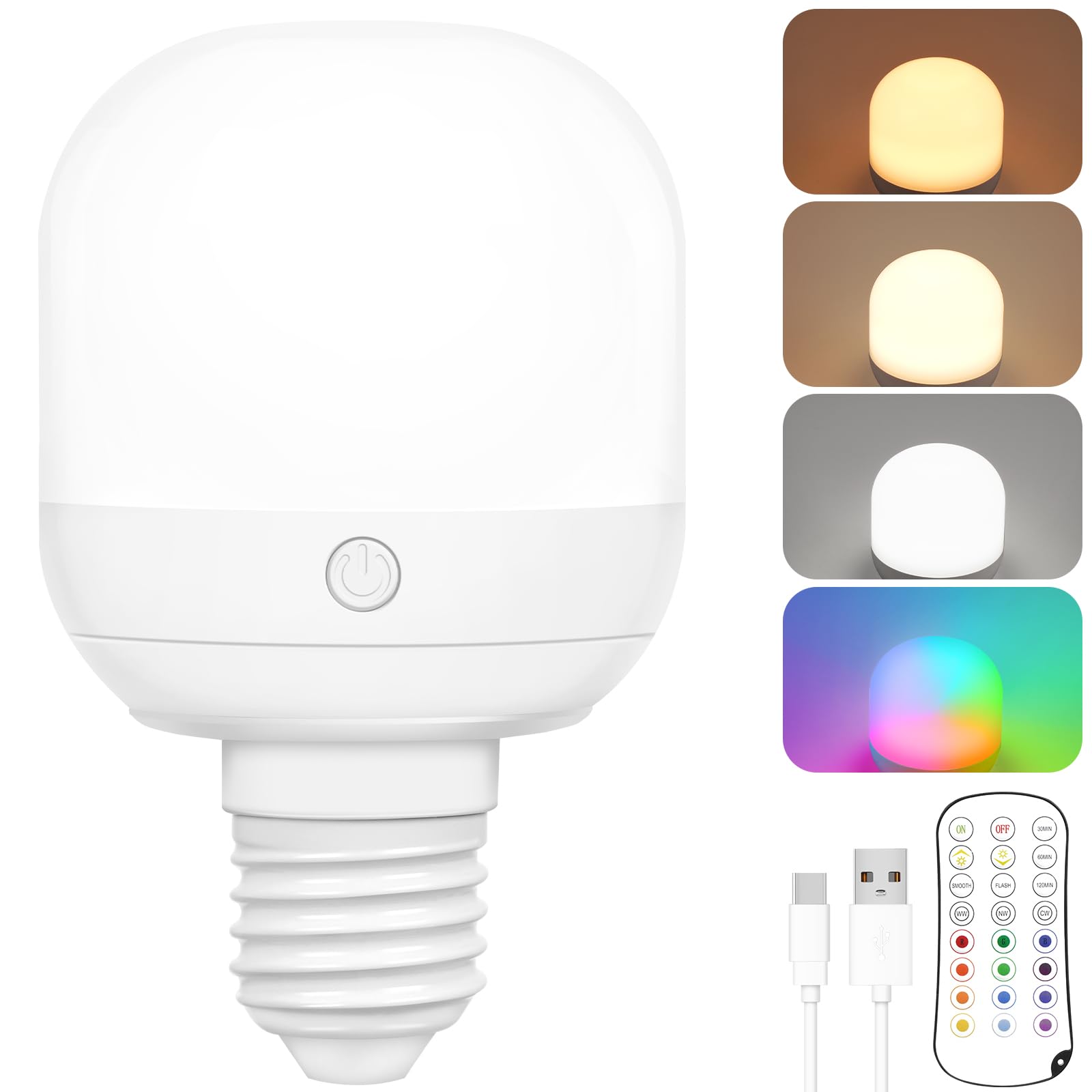 Yochoice Rechargeable Battery Operated Light Bulb With Remote Control, Dimmable Led Bulb With 15 Colors Selectable & 3 Timer, De