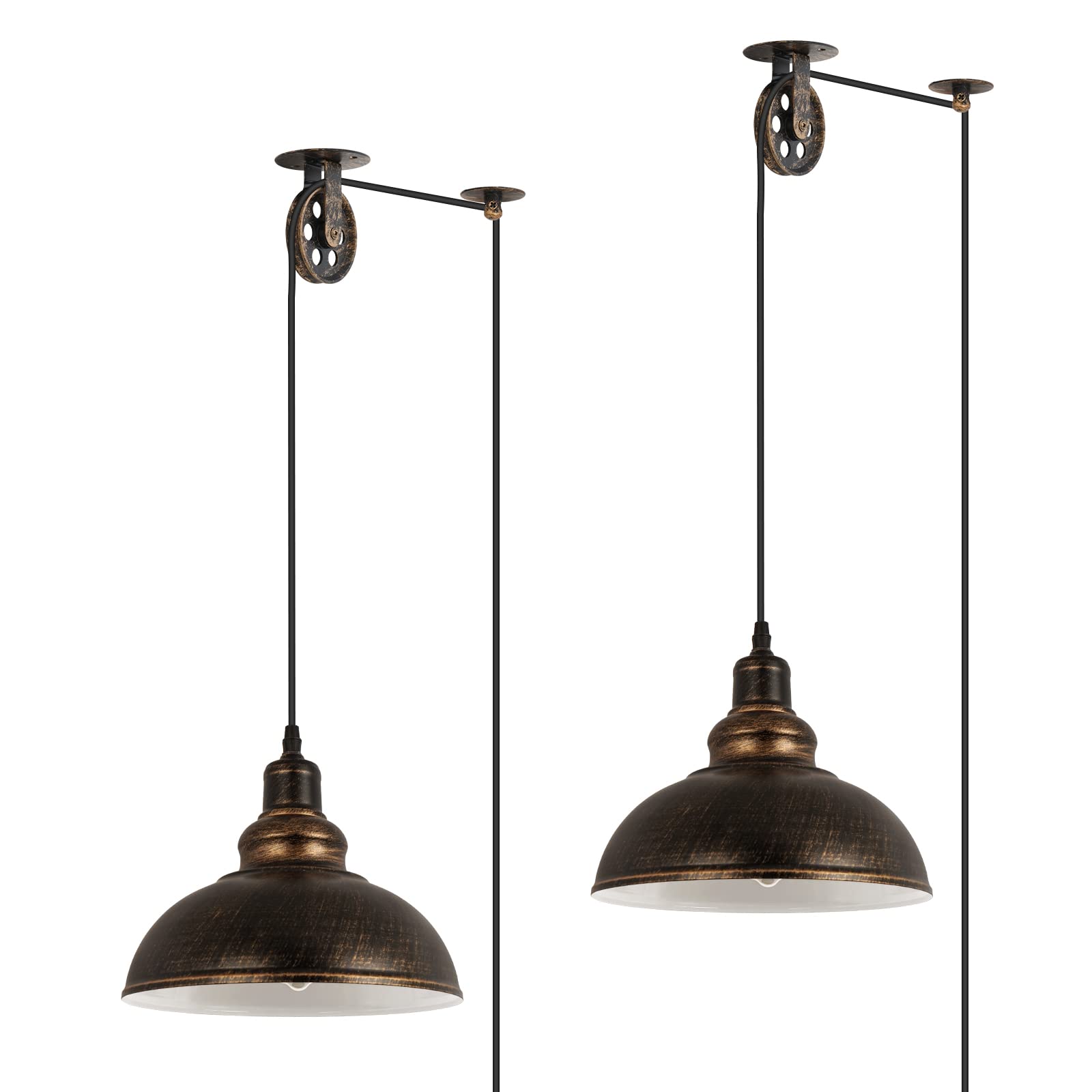 KIGHSIN Industrial Plug in Pulley Pendant Light with 19.5ft Cord On/Off Switch, Vintage Barn Bronze Domed Hanging Ceiling Light 