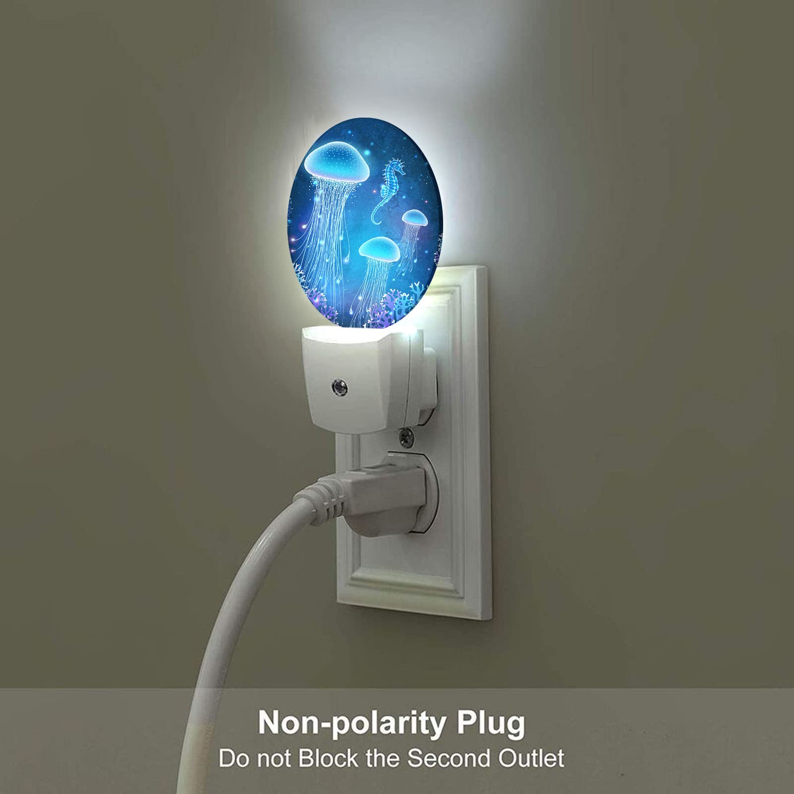 Axayaz Jellyfish And Seahorse Plug In Night Light Fantasy Undersea World Animal With Blue Light Auto Led Lamp Energy Saving Round Lights For Boys Girls Men Women