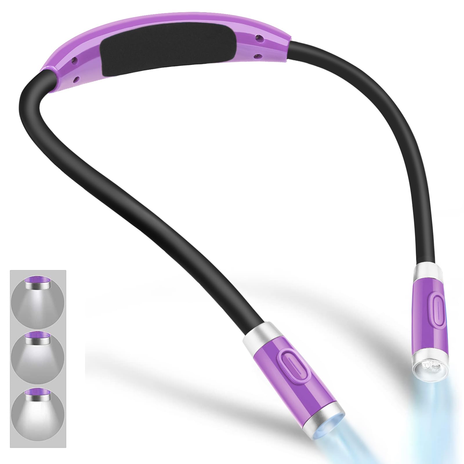 Vekkia Rechargeable Led Neck Reading Light, Book Lights For Reading In Bed, 3 Brightness Levels, Flexible Soft Silicone Arms Com