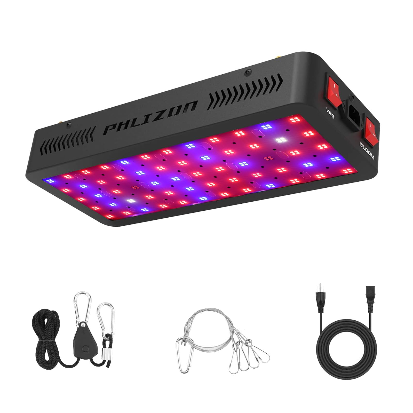 Phlizon 1200W LED Grow Light Full Spectrum for Indoor Plants, Model PH-GA1200, Metal, Double Switch, Daisy Chain