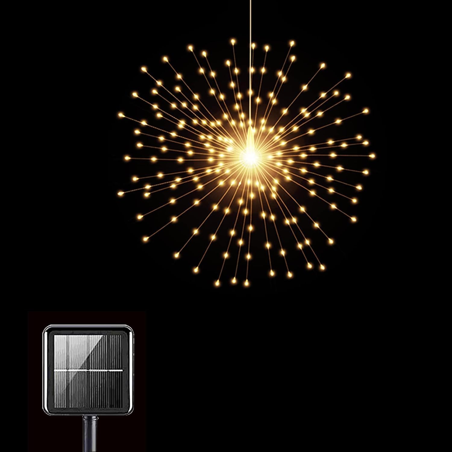 PXBNIUYA Solar Firework Lights, 200 LED Copper Wire, 8 Modes, Waterproof, Hanging Fairy Lights, Warm White, 1 Pack