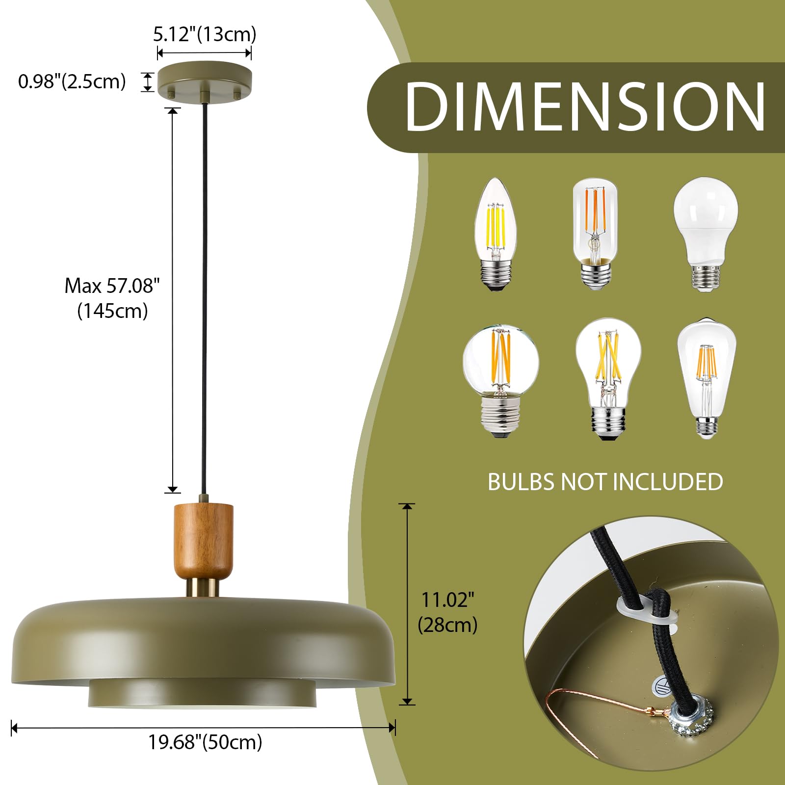 Mid Century Chandelier 19.68 Inch, Natural Wood And Brass Accent,2 Layered Deep Green Shade,Large Pendant Ceiling Lights For Kit