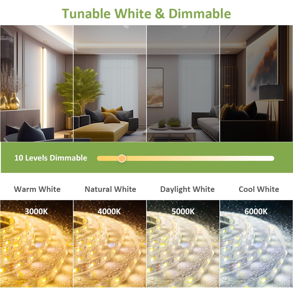 Novostella 40Ft Waterproof Tunable White Led Strip Lights, Dimmable Flexible Rope Light 3000K-6500K 12V Tape Light With Remote,