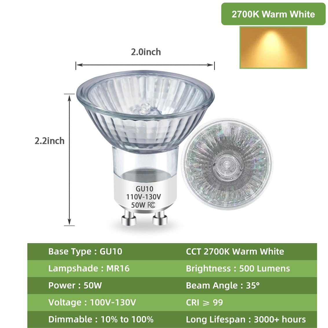 Rugfew GU10 Halogen Bulb 50W MR16 - 2700K Warm White, Dimmable, Glass Cover, 2 Packs