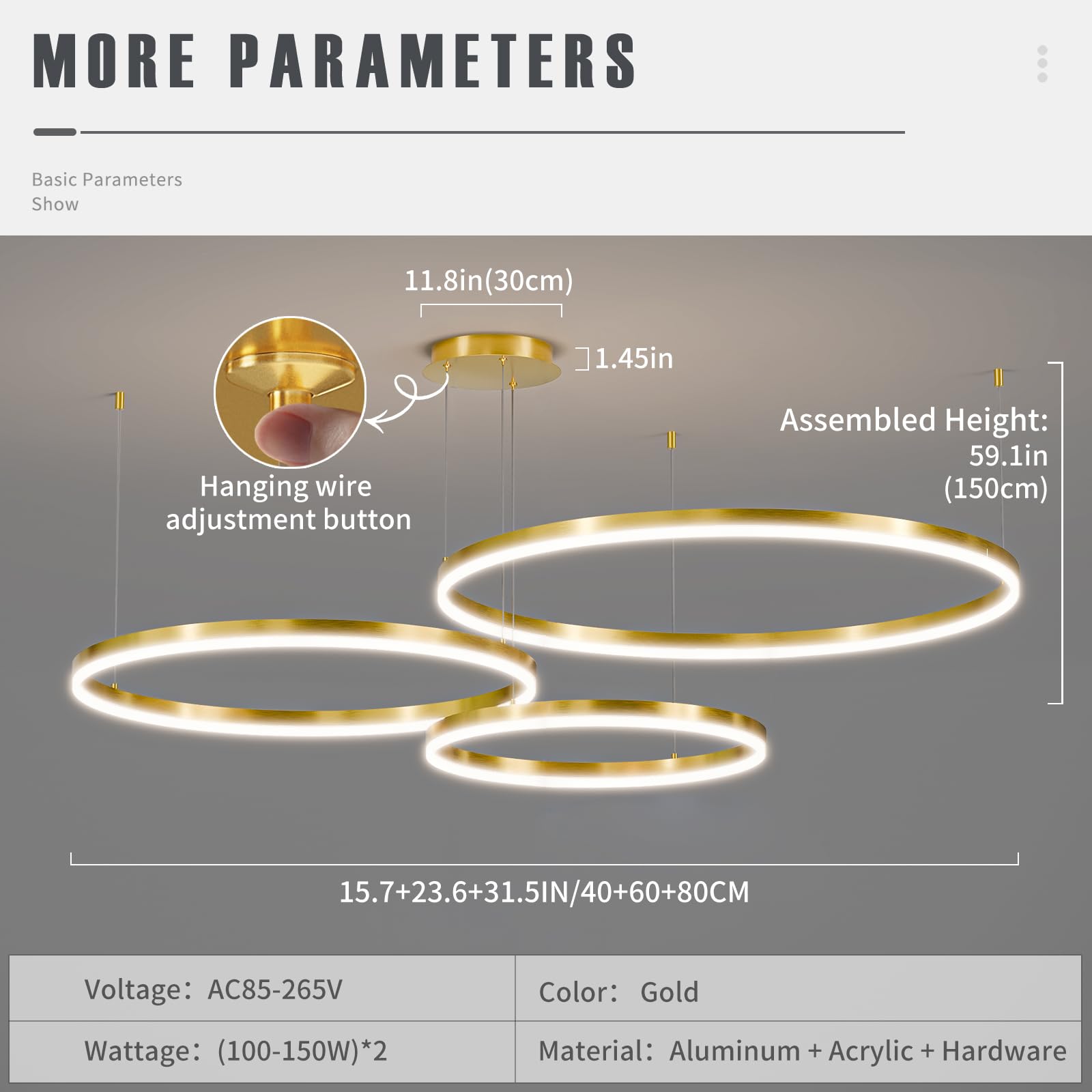 Matven Dimmable Desk Linear Pendant Light, 15.7+23.6+31.4in, Gold, Acrylic, Remote Control, 3 Color Modes, Model KD-YX