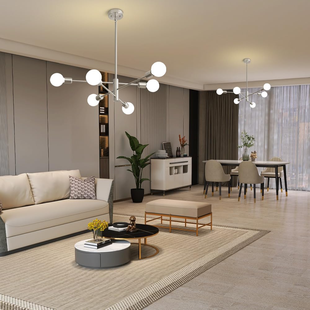 Deyidn Sputnik Chandelier Modern Brushed Nickel Chandeliers 6-Light Mid Century Ceiling Lighting Fixture For Living Room, Kitche