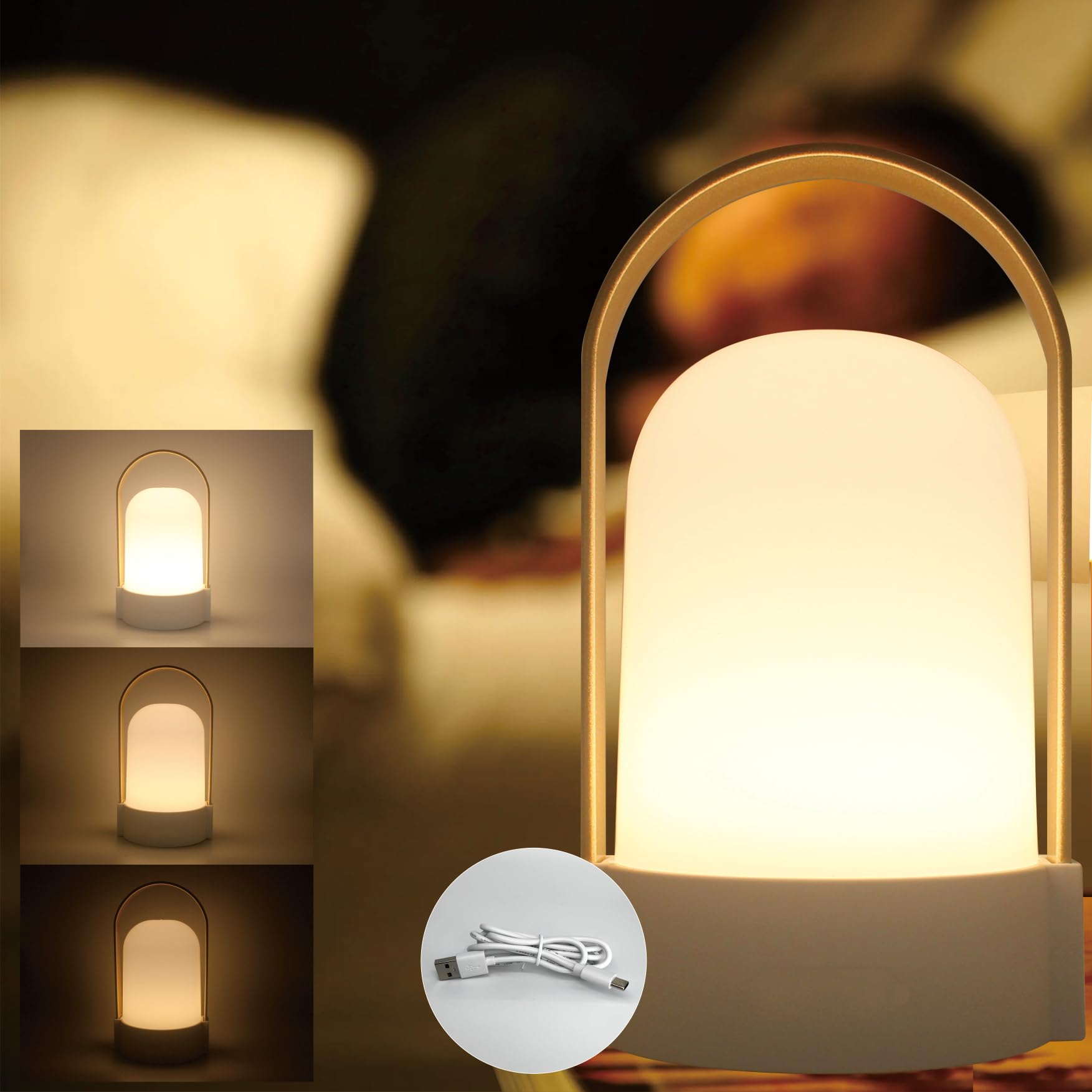Yoniku Portable Rechargeable Lamp Indoor Outdoor Emergency Light Battery Powered Lamp Outdoor Rechargeable Lamp Handheld Camping Lantern Portable Nightlight Camping Lamp (6.2Inch, Gold Handle)