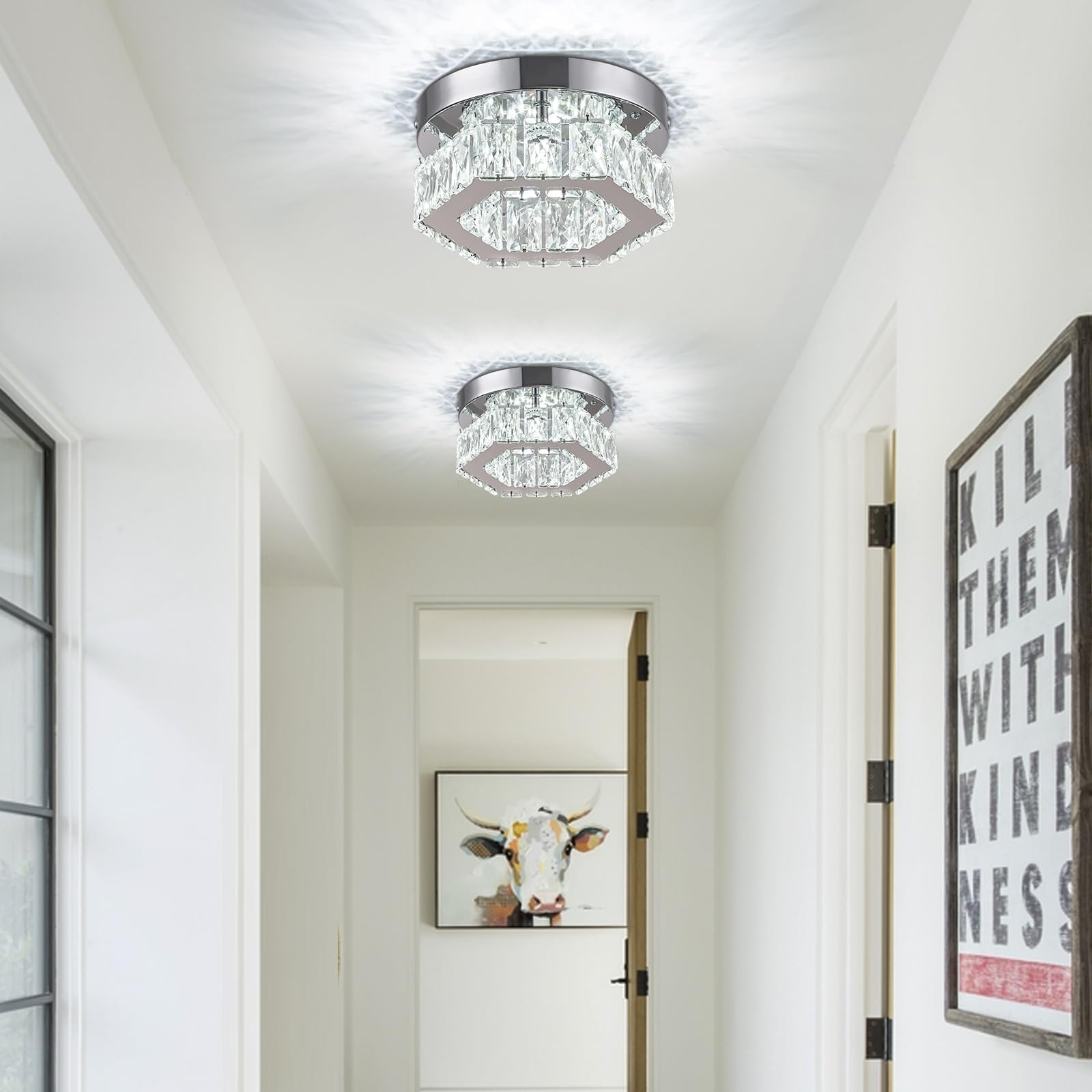 Leontyne Mini Modern Crystal Chandelier 7.9 Inch Hexagon Crystal Ceiling Light Flush Mount Led Chandeliers For Bedroom Kitchen F
