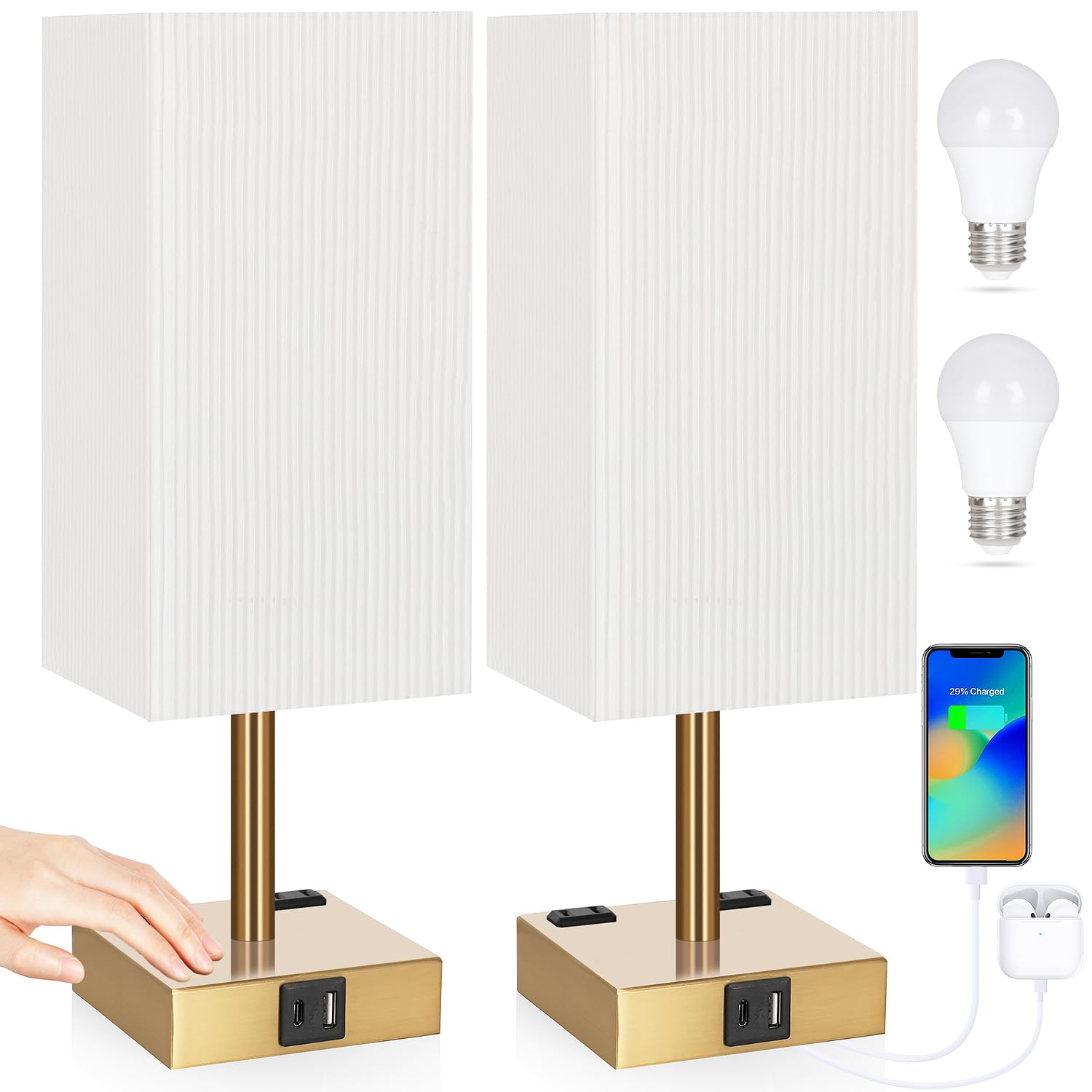 Soilsiu Set of 2 Bedside Table Lamp 3 Way Dimmable Nightstand Lamp with USB C & USB A Charging Port, 2 AC Outlets, 3000K LED Bul