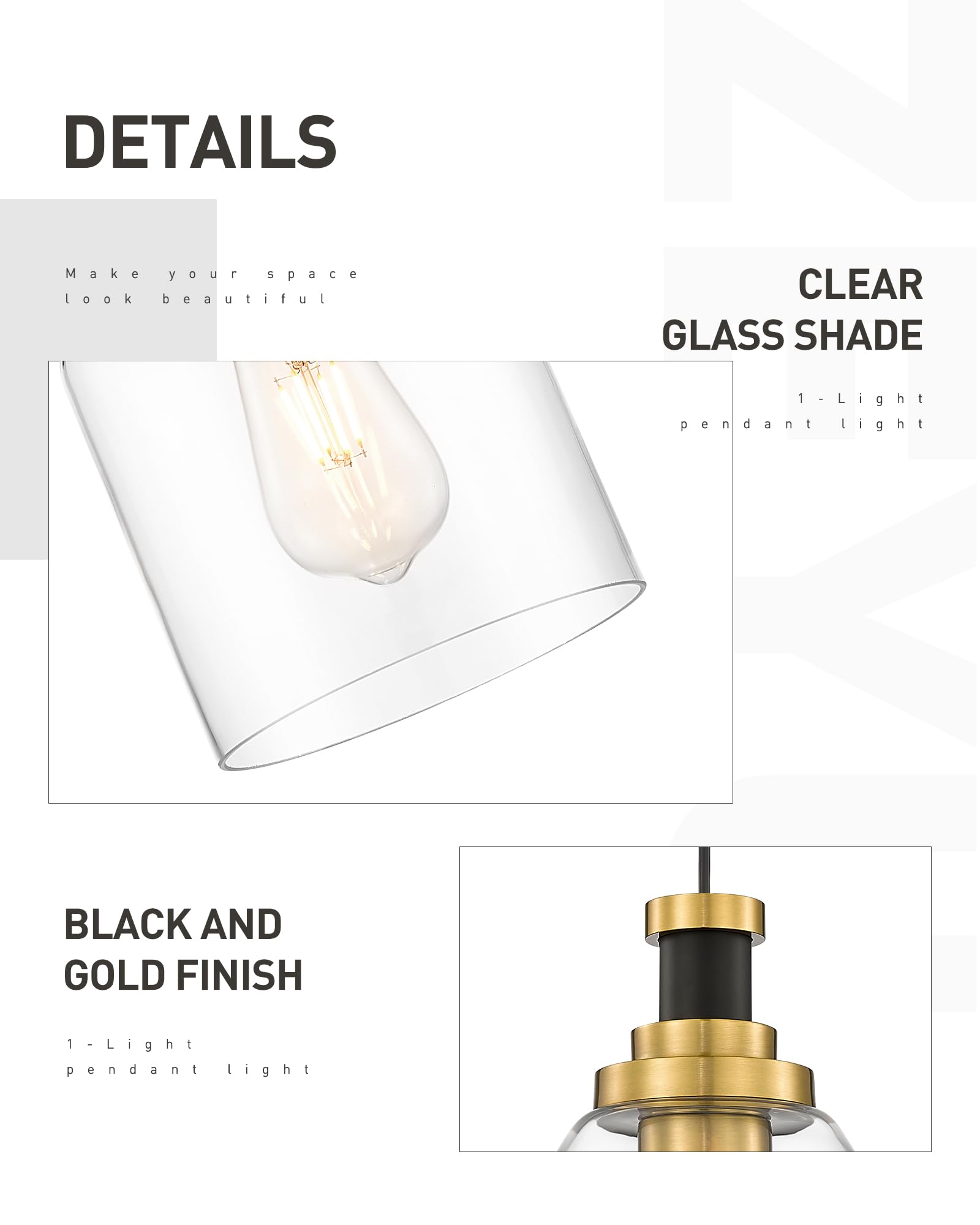zeyu Large Pendant Light - 1-Light Clear Glass Shade, Black & Gold Finish, 6.3 Inch, Model ZG33M1L-L BK+BG