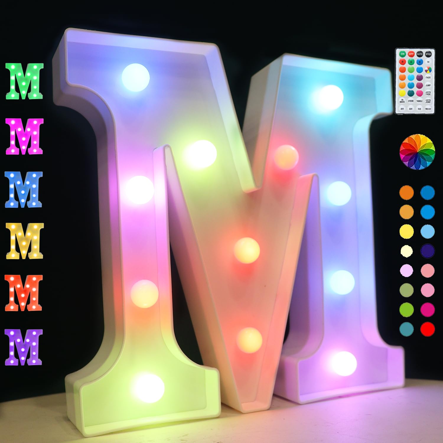 Light Up Colorful LED Marquee Letter lights, 18 Colors Changing Alphabet Letters Sign with Remote Timer for Night Light Girls Bedroom Wedding Birthday Party Lamp Christmas Home Bar Decor- Colorful M