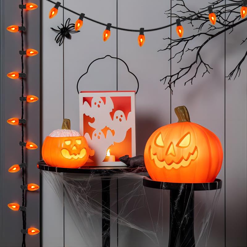 Orange Halloween Lights, 25Ft C7 Outdoor Flickering Flame String Lights With 25 Bulbs, Plug-In Decorations For Indoor/Outdoor Pa