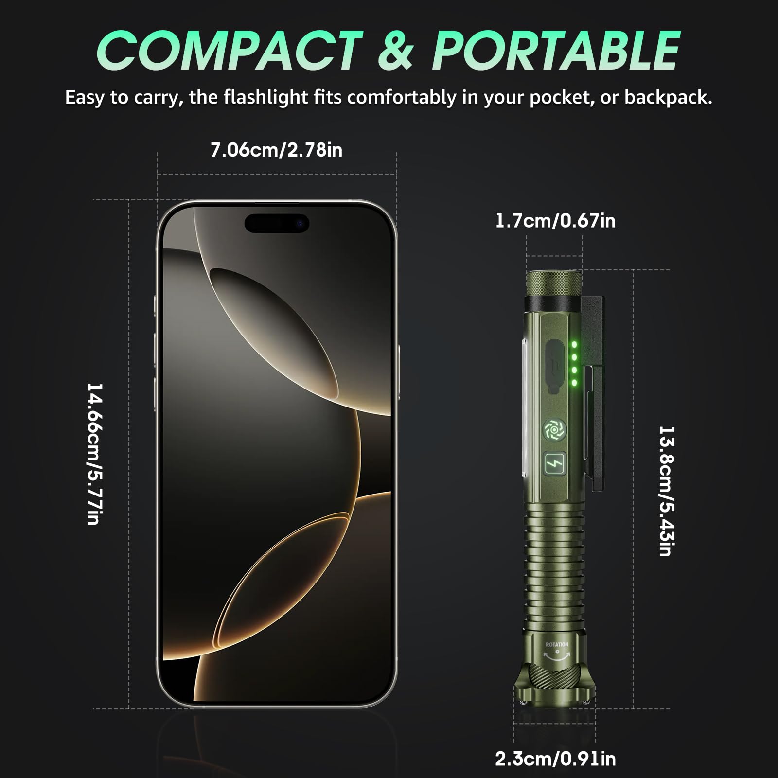Sogdeco Rechargeable Flashlight, 1400 Lumens, 10 Modes, Magnetic Clip, Waterproof, Mini Model SDM46, Green