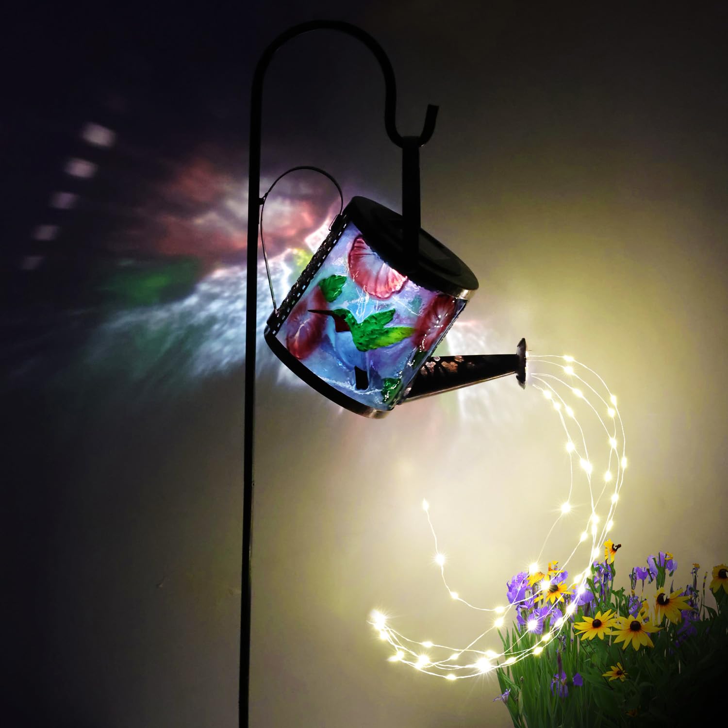 Solar Outdoor Landscape Lights-Waterproof 3D Hummingbird Watering Can Stake Lights with Warm LED for Garden Patio Decoration (Hu