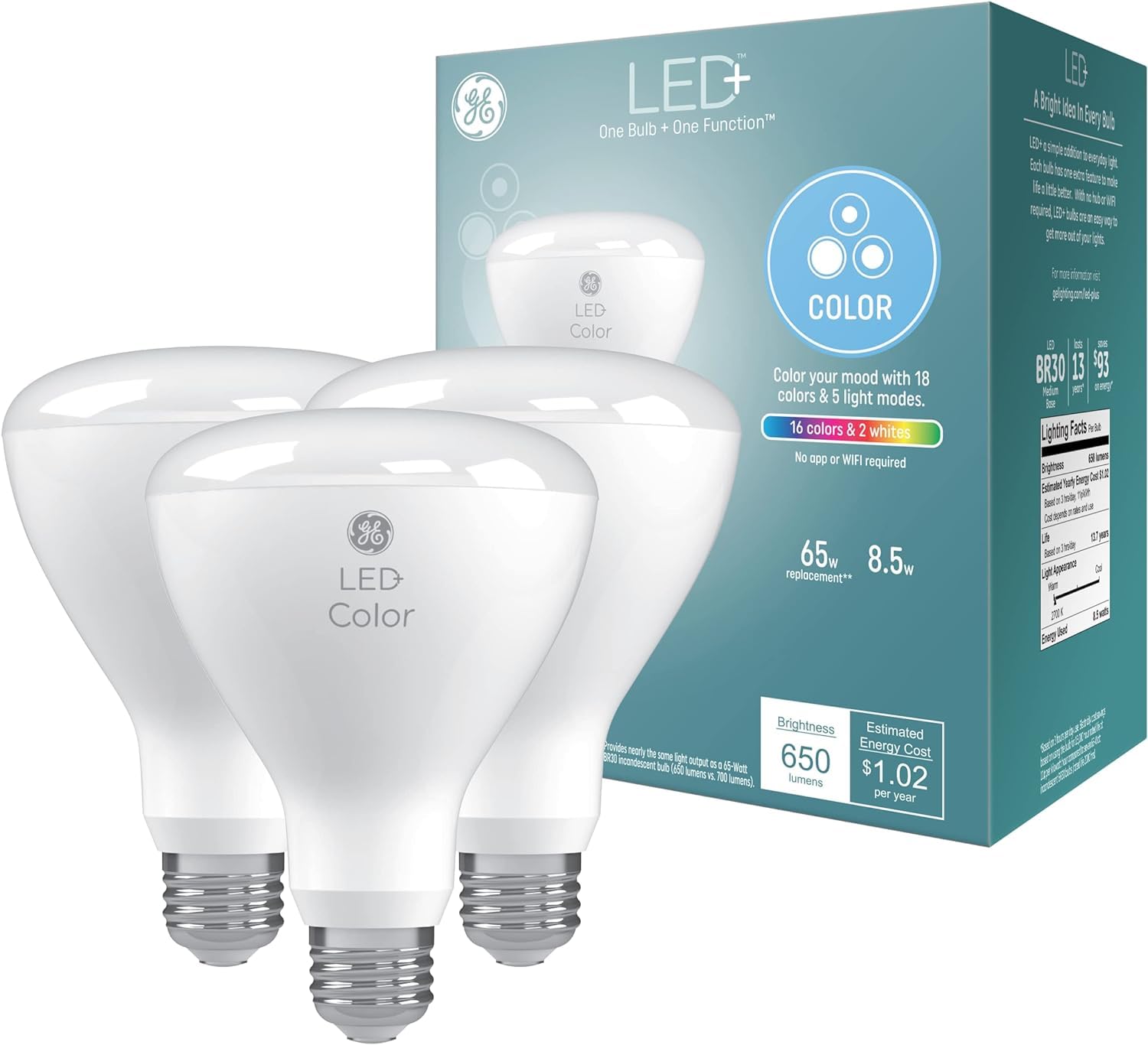 Ge Lighting Led+ Color Changing Led Ligh Bulbs With Remote, No App Or Wi-Fi Required, Br30 Indoor Floodlight Bulbs (3 Pack)