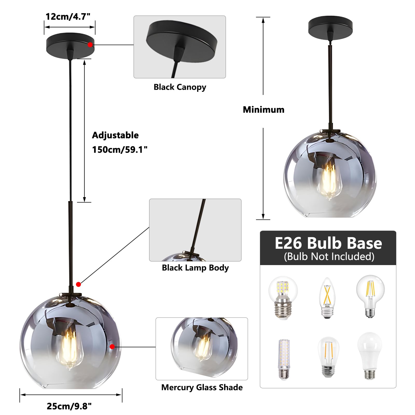 Kco Lighting Mercury Glass Pendant Light Fixtures Mid Century Modern Silver Kitchen Island Pendant Lights Ceiling Hanging Black