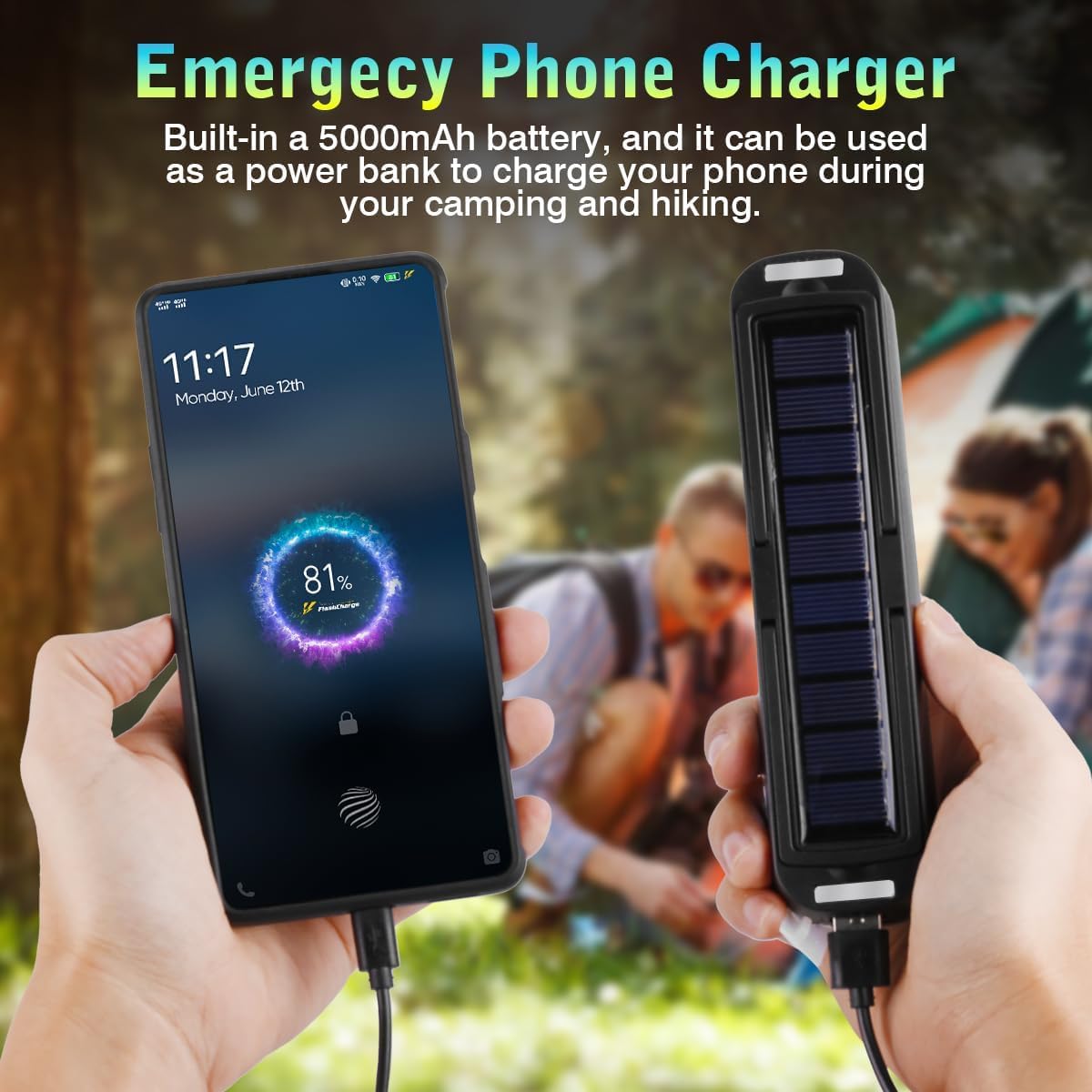 Nakcnm Camping Lantern Solar, Led Camping Lanterns Rechargeable 5 Modes, Camping Light With Magnet And Hook 5000Mah, Portable Waterproof Camp Light For Camping Hurricane Emergency Power Outage-Black