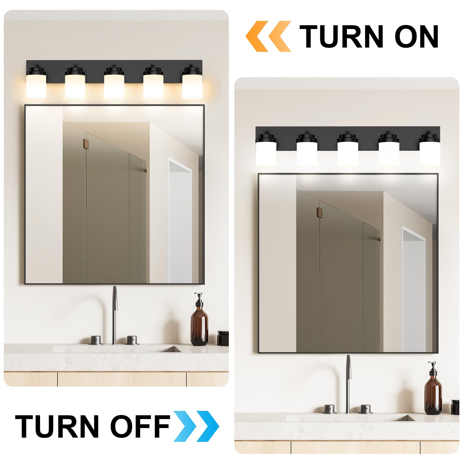 Izorro Bathroom Vanity Light Fixture  5-Light 36 Inch Matte Black Bathroom Light Fixtures Over Mirror  With White Glass Shade  Modern Farmhouse Vanity Lights  Rustic Restroom Lighting Fixtures