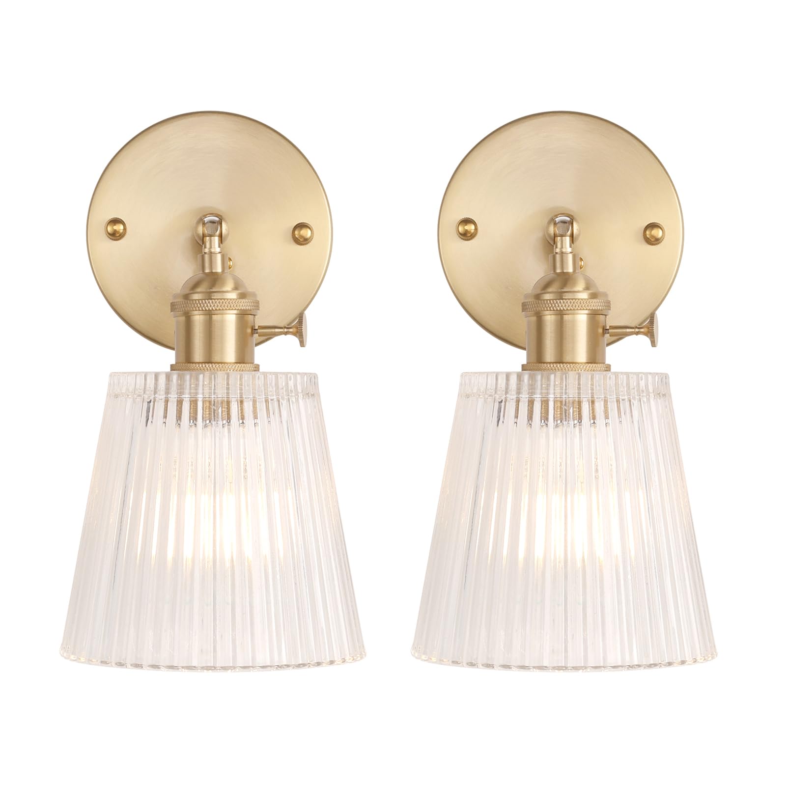 Shenmoyl Vintage Wall Sconces Set of 2, 180° Adjustable Brass, Glass Lampshade, Hardwired, Stripe Clear, Model 1-9415