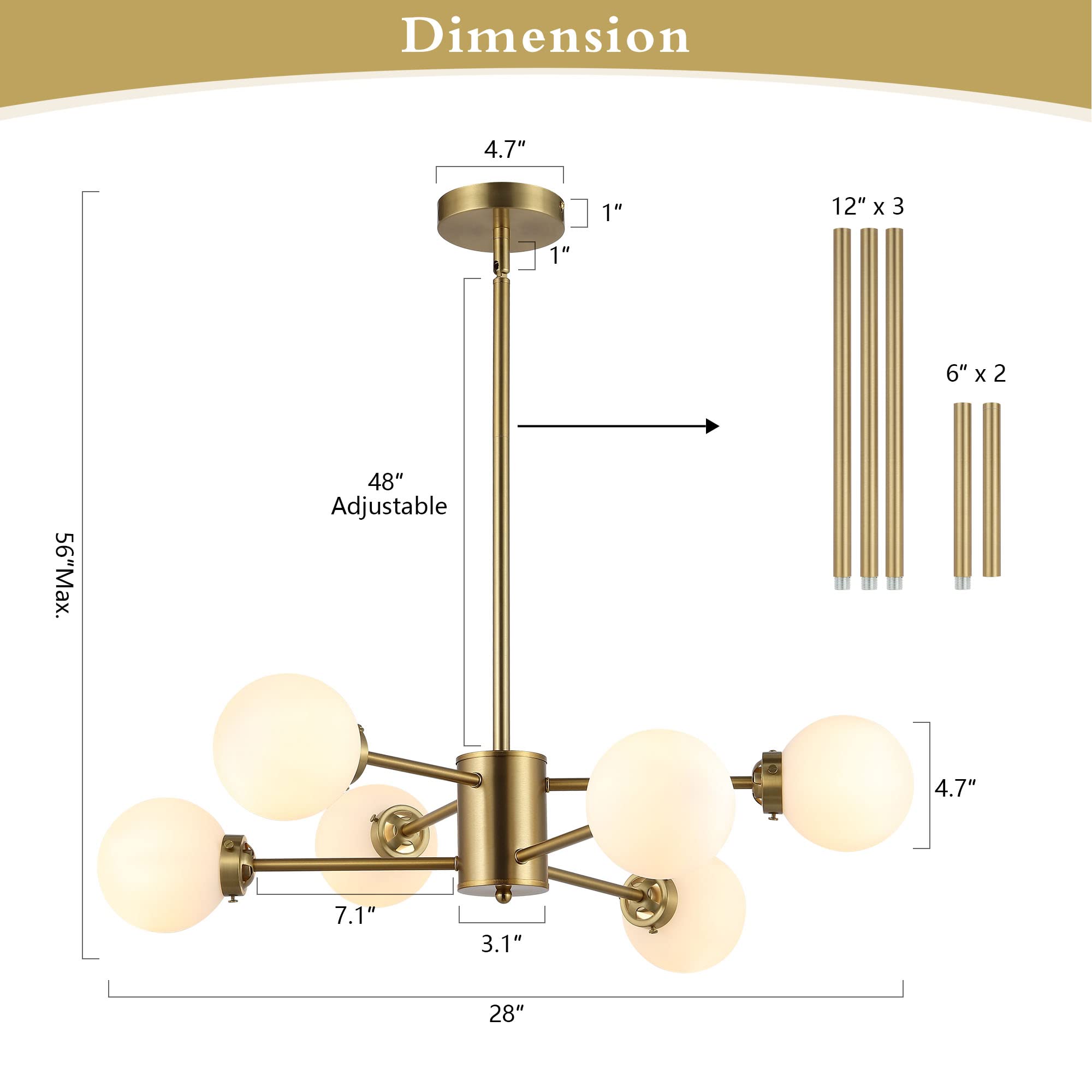 Wingbo 6-Light Sputnik Chandelier, Modern Pendant Light Fixture With 4.7" Opal White Glass Globe Shade For Flat And Slop Ceiling, Height Adjustable For Kitchen Living Room Dining Room Bedroom, Gold